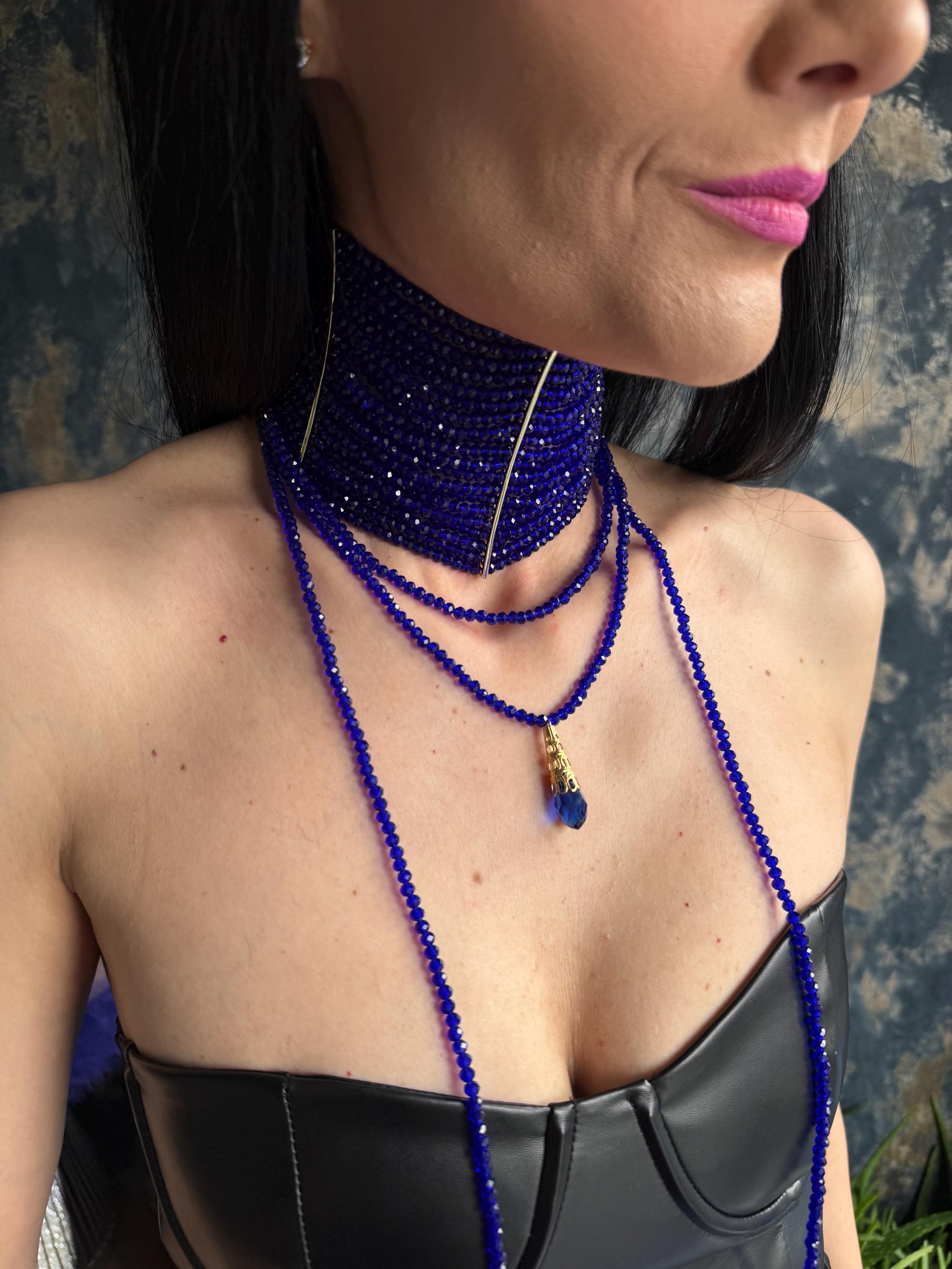 necklace queen necklace dramatic choker couture style jewelry runway jewelry gothic glam necklace gala jewelry stage necklace maximalist jewelry royal blue collar Royal Blue Queen Choker, Regal Statement Collar Necklace, Fantasy Inspired Luxury Jewellery, Dramatic Handmade Neckpiece