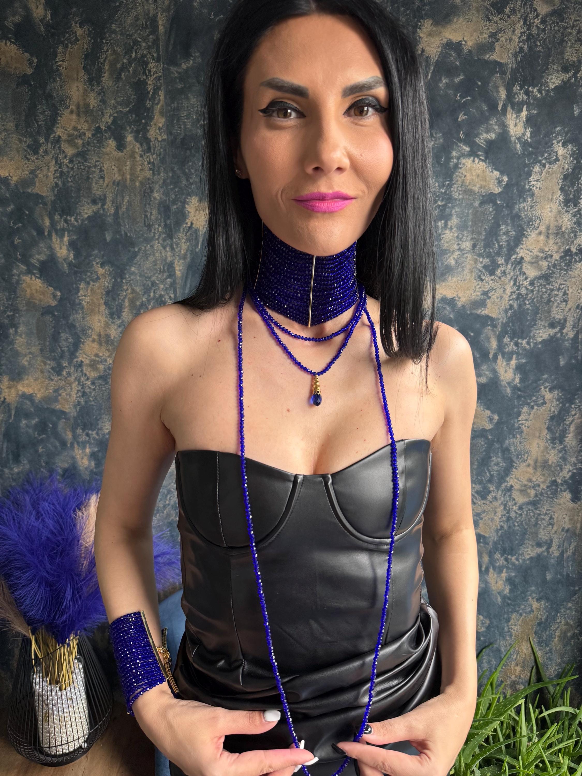 necklace queen necklace dramatic choker couture style jewelry runway jewelry gothic glam necklace gala jewelry stage necklace maximalist jewelry royal blue collar Royal Blue Queen Choker, Regal Statement Collar Necklace, Fantasy Inspired Luxury Jewellery, Dramatic Handmade Neckpiece