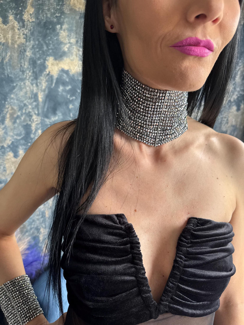 Multi Strand Choker Crystal Rhinestone Collar Statement Necklace Wedding Guest Jewelry Bridal Accessory Glamorous Evening Formal Attire Special Occasion Celebrity Style Handcrafted Luxury Design Faceted Beads Cascading Strands Sophisticated