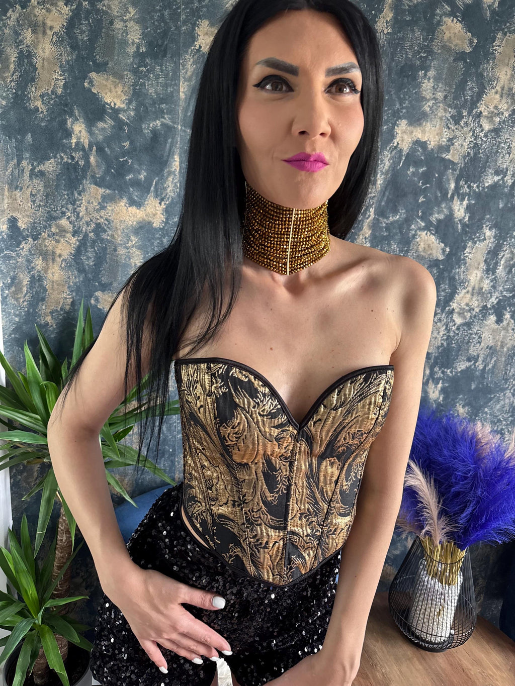 Handmade Gold Necklace Egyptian Inspired Design Statement Collar Piece Festival Style Jewelry Elegant Glass Beaded Construction Premium Quality Materials Wedding Accessory Event Wear Fashion Forward Look Celebrity Style Choker Bold Dramatic