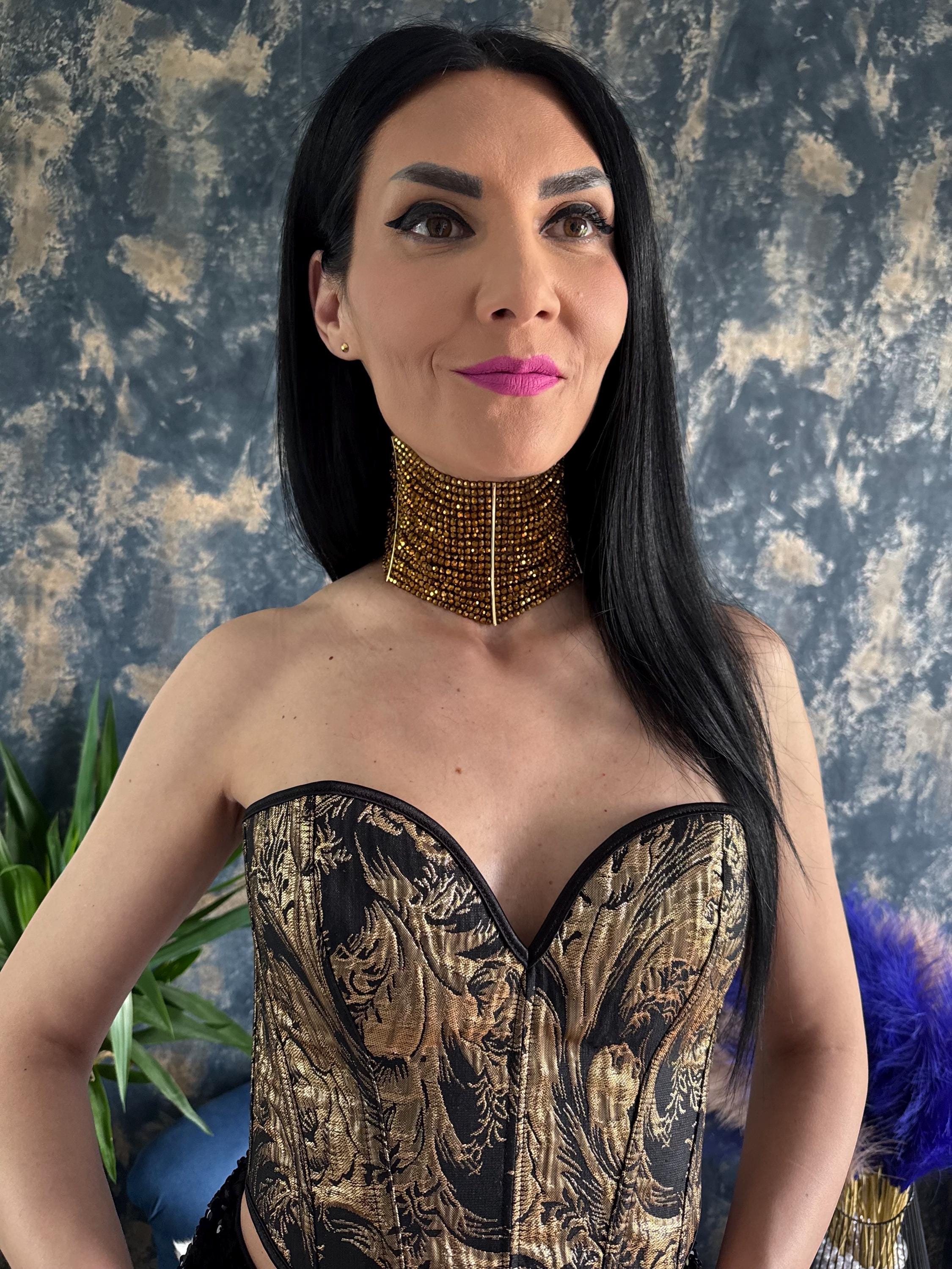 Handmade Gold Necklace Egyptian Inspired Design Statement Collar Piece Festival Style Jewelry Elegant Glass Beaded Construction Premium Quality Materials Wedding Accessory Event Wear Fashion Forward Look Celebrity Style Choker Bold Dramatic