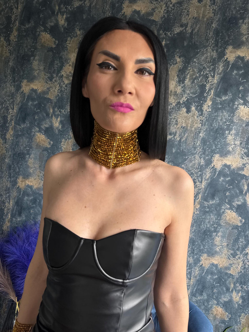 Festival Jewelry Statement Necklace Gold Egyptian Style Handcrafted Design Elegant Wedding Accessory Event Costume Piece Celebrity Inspired Choker Glass Beaded Pattern Custom Length Option Multi Strand Construction Bold Fashion Statement