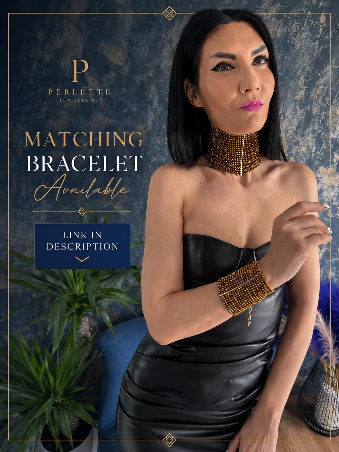 Handmade Gold Necklace Egyptian Inspired Design Statement Collar Piece Festival Style Jewelry Elegant Glass Beaded Construction Premium Quality Materials Wedding Accessory Event Wear Fashion Forward Look Celebrity Style Choker Bold Dramatic
