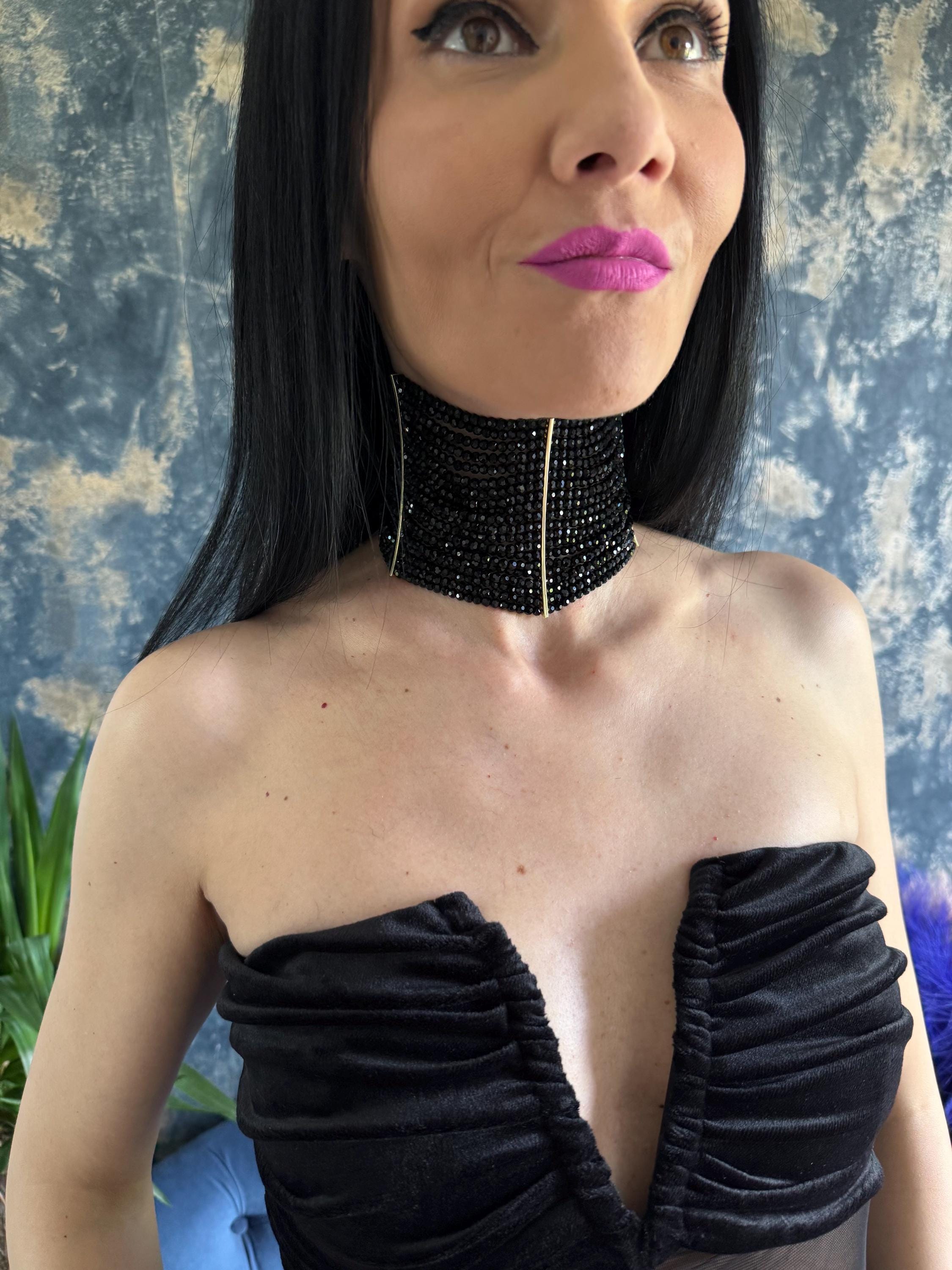 Black Choker Necklace Gothic Statement Collar Wide Evening Jewelry Formal Dramatic Victorian Glass Bead Costume Jewellery Multi Strand Design Adjustable Chain Neck Piece Bold Fashion Accessory Special Occasion Wear Retro Style Collection Dior black necklace