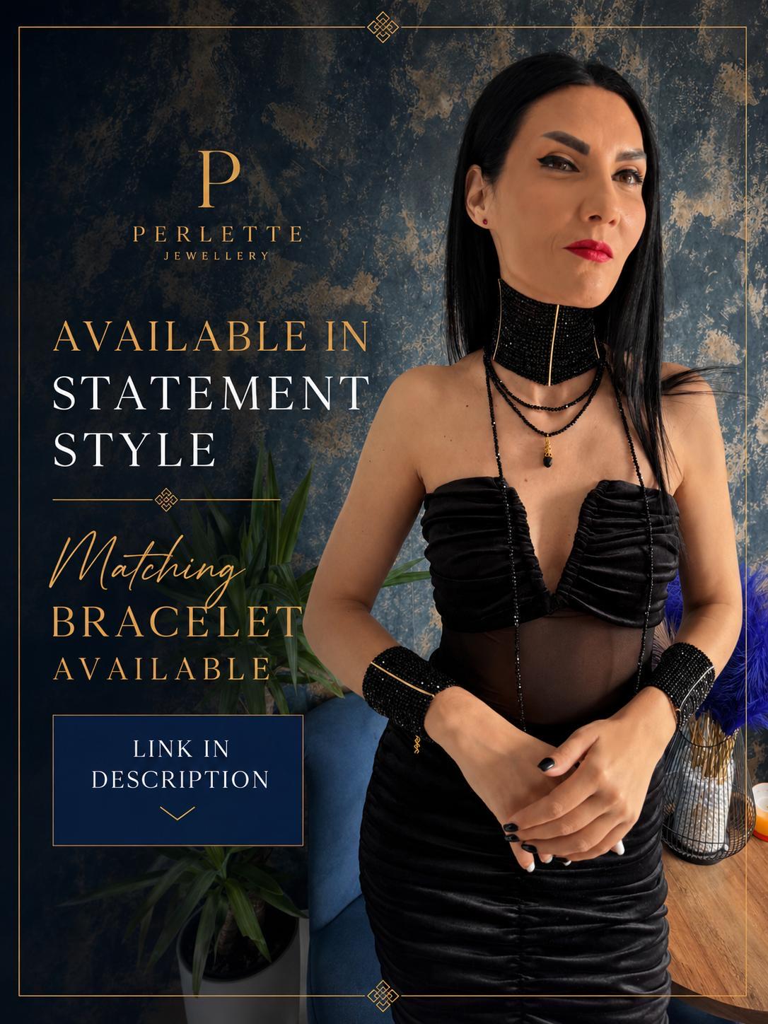Gothic Statement Jewelry Wide Collar Choker Necklace Black Glass Bead Multi Strand Victorian Design Dramatic Evening Formal Wear Adjustable Chain Costume Jewellery Neck Piece Bold Fashion Accessory Special Occasion Style Retro Collection