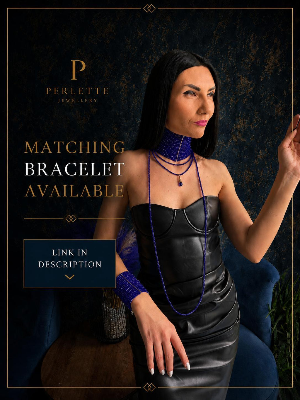 Statement Choker Necklace – Royal Blue Beaded Wide Collar Gothic Glam