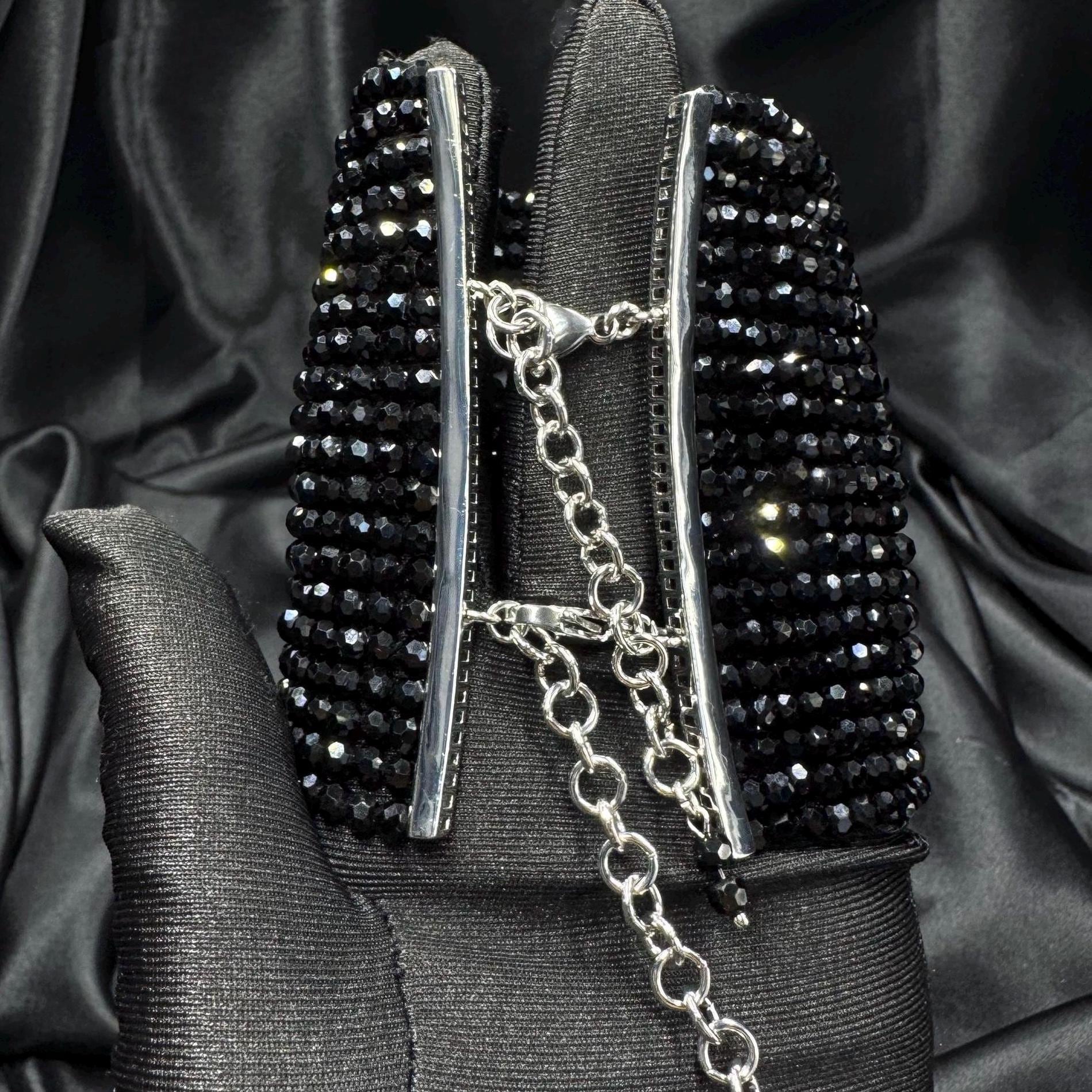 Wide Black Shiny Bead Choker Gothic Statement Collar Necklace Multi Strand Beaded Choker Dramatic Formal Neck Piece Victorian Evening Wear