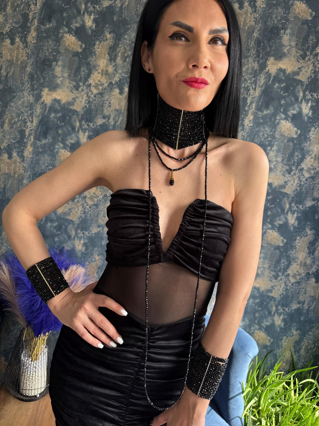 Multi Strand Choker Necklace Black Glass Beads Faceted Design Wide Collar Statement Piece Handcrafted Jewelry Set Two Piece Collection Wraparound Lariat Style Gothic Glam Evening Necklace Gold Plated Spacers Dramatic Accessory Bold Fashion