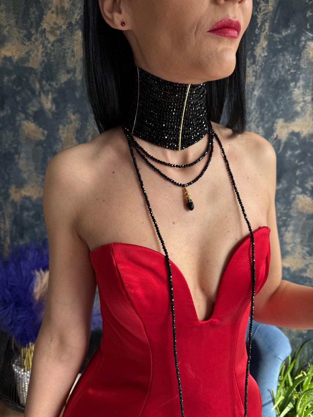 Handcrafted Jewelry Set Black Choker Necklace Multi Strand Design Faceted Glass Beads Collection Wide Collar Choker Style Two Piece Statement Necklace Gothic Glam Fashion Wraparound Lariat Design Modular Wear Style Evening Accessory Gold