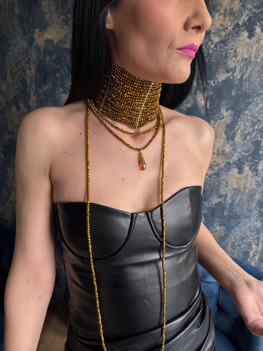 Statement Necklace Women Gold Choker Beaded Wide Collar Chunky Crystal Jewelry Bold Maximalist Design Runway Fashion Party Accessory Perfect Gift Her Birthday Special Celebration Adjustable Faceted Glass Beads Boho Style Fashion Forward