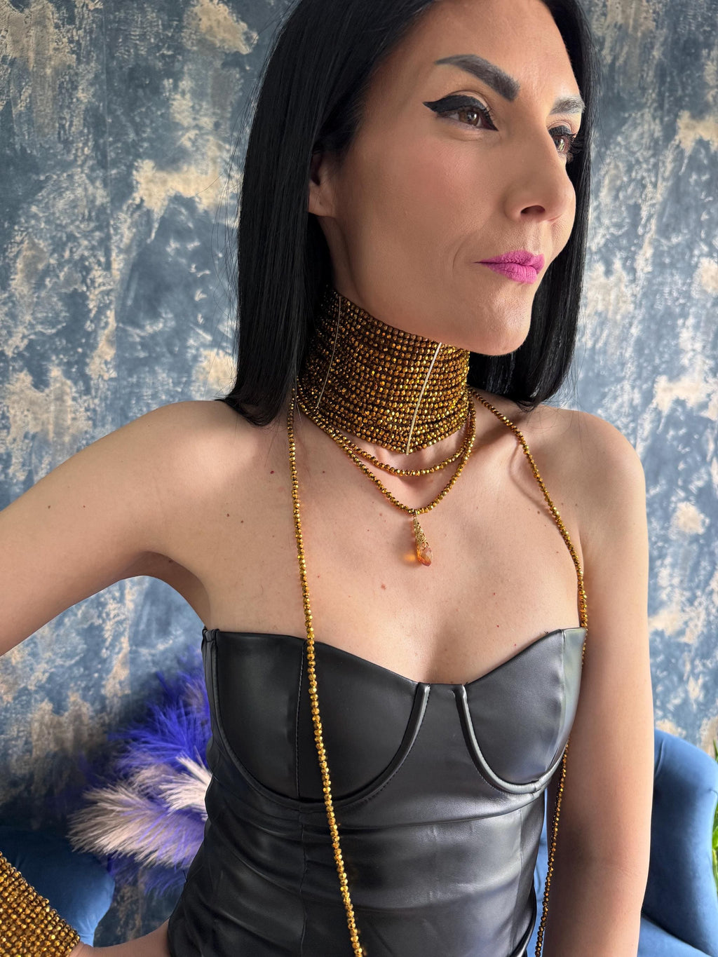 Beaded Choker Necklace Women Statement Gold Wide Collar Design Chunky Crystal Jewelry Bold Party Accessory Maximalist Fashion Runway Inspired Style Perfect Birthday Gift Her Special Celebration Event Adjustable Faceted Glass Beads Boho