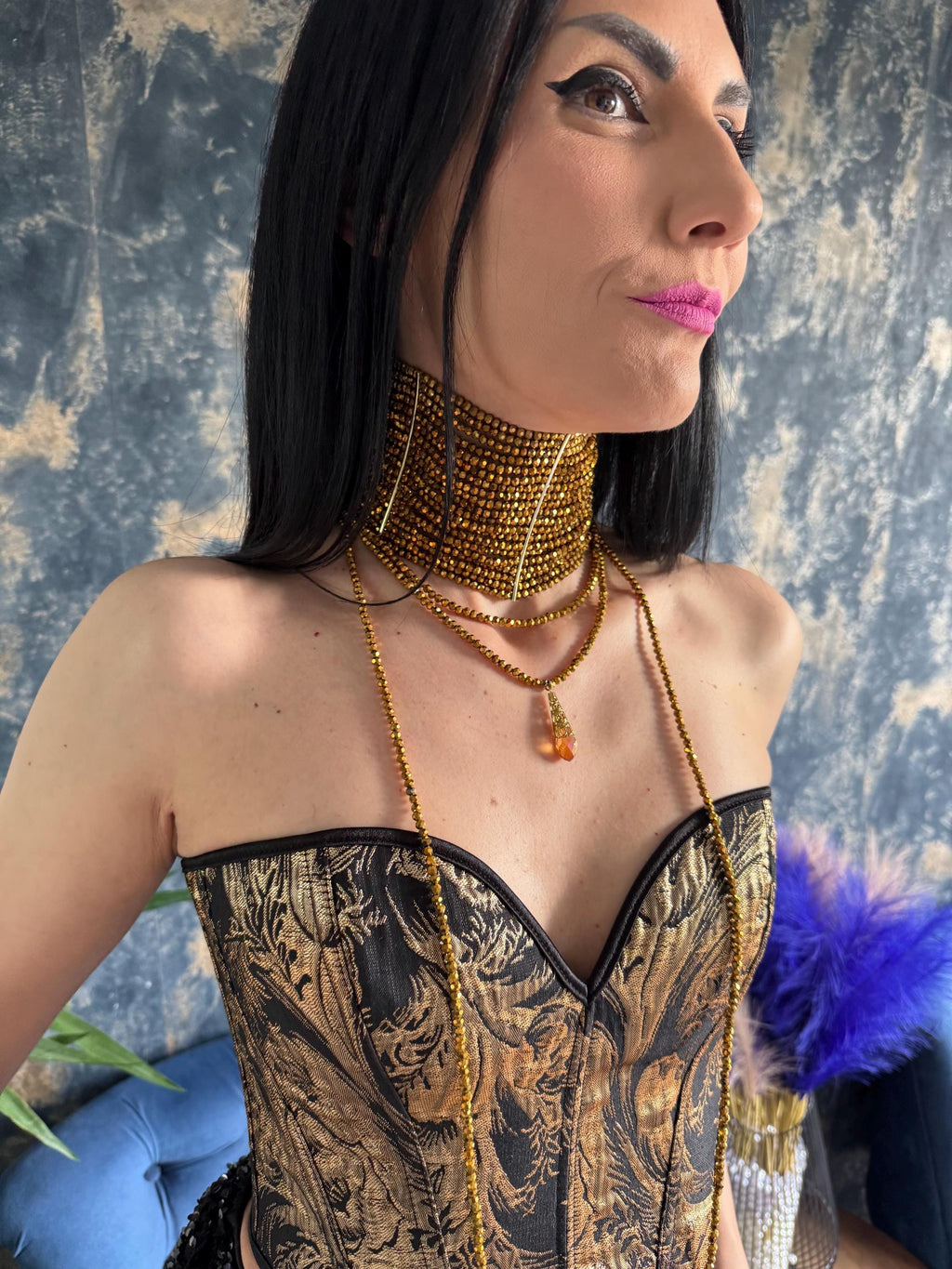 Chunky Gold Necklace Statement Choker Women Beaded Wide Collar Design Crystal Bead Jewelry Bold Maximalist Fashion Runway Style Perfect Party Accessory Gift Her Birthday Celebration Special Event Faceted Glass Adjustable Length Boho Chic