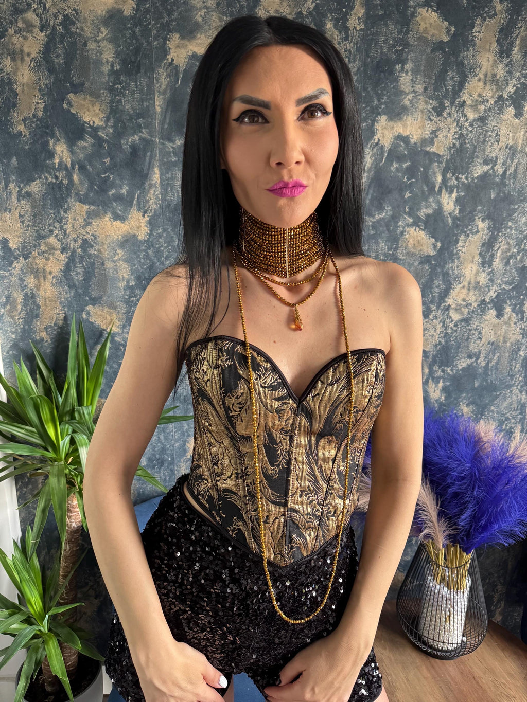 Chunky Gold Necklace Statement Choker Women Beaded Wide Collar Design Crystal Bead Jewelry Bold Maximalist Fashion Runway Style Perfect Party Accessory Gift Her Birthday Celebration Special Event Faceted Glass Adjustable Length Boho Chic