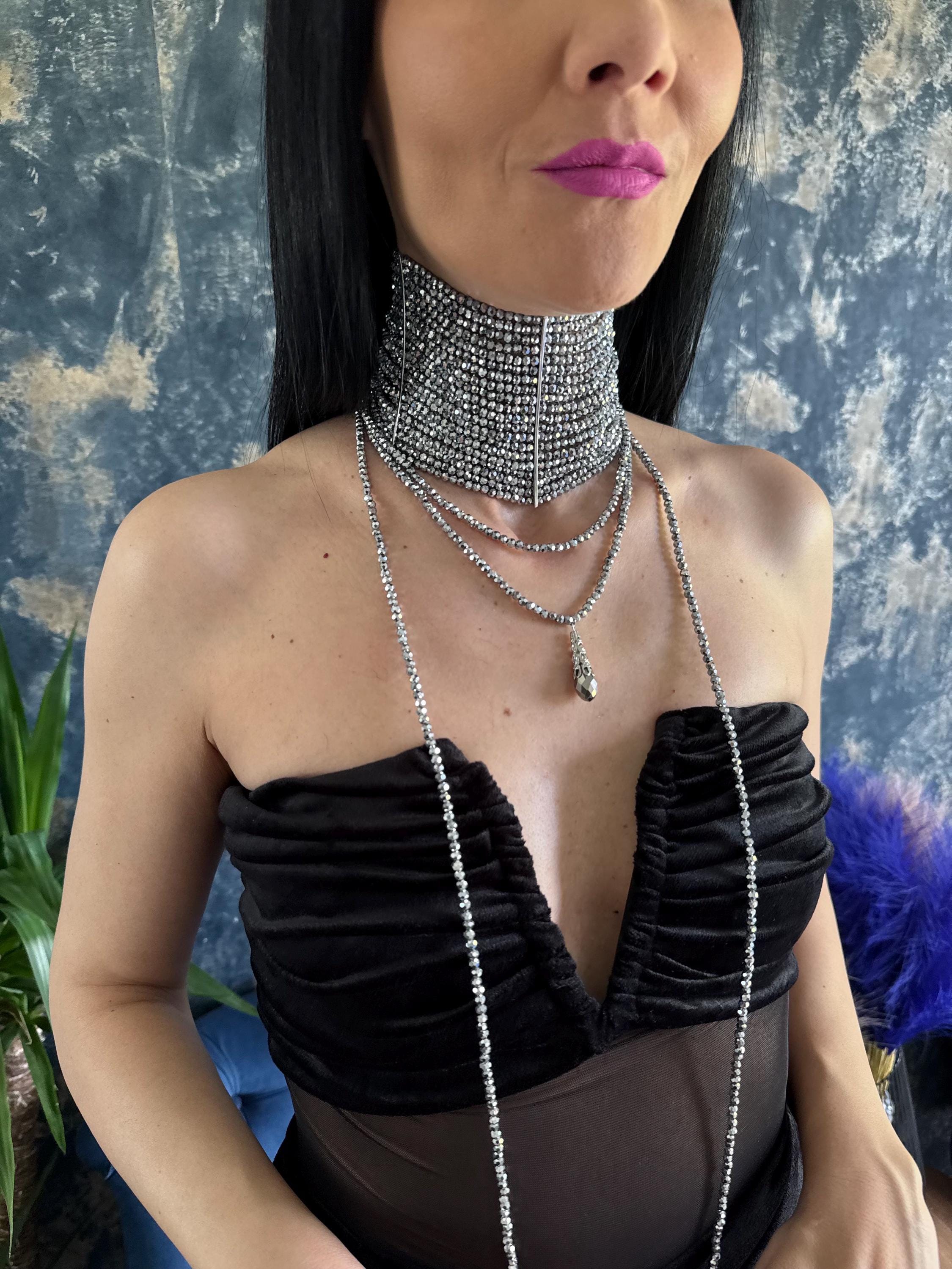 silver statement choker wide silver choker crystal collar necklace silver glam necklace statement collar necklace luxury silver necklace crystal statement necklace beaded silver choker necklace