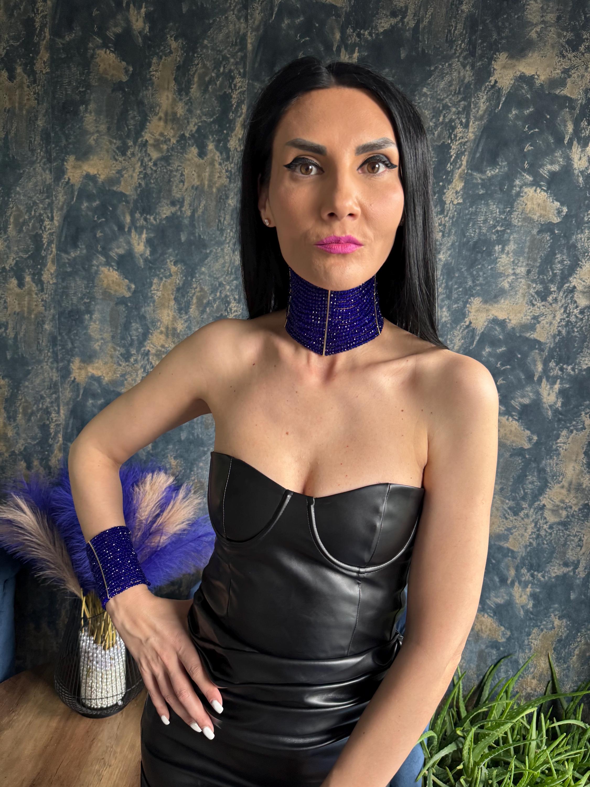 Royal Blue Statement Bold Trendy Choker, Elegant Modern Formal Collar, Eye Catching Multi Strand Wide Necklace, Chunky Tick Shiny Jewelley