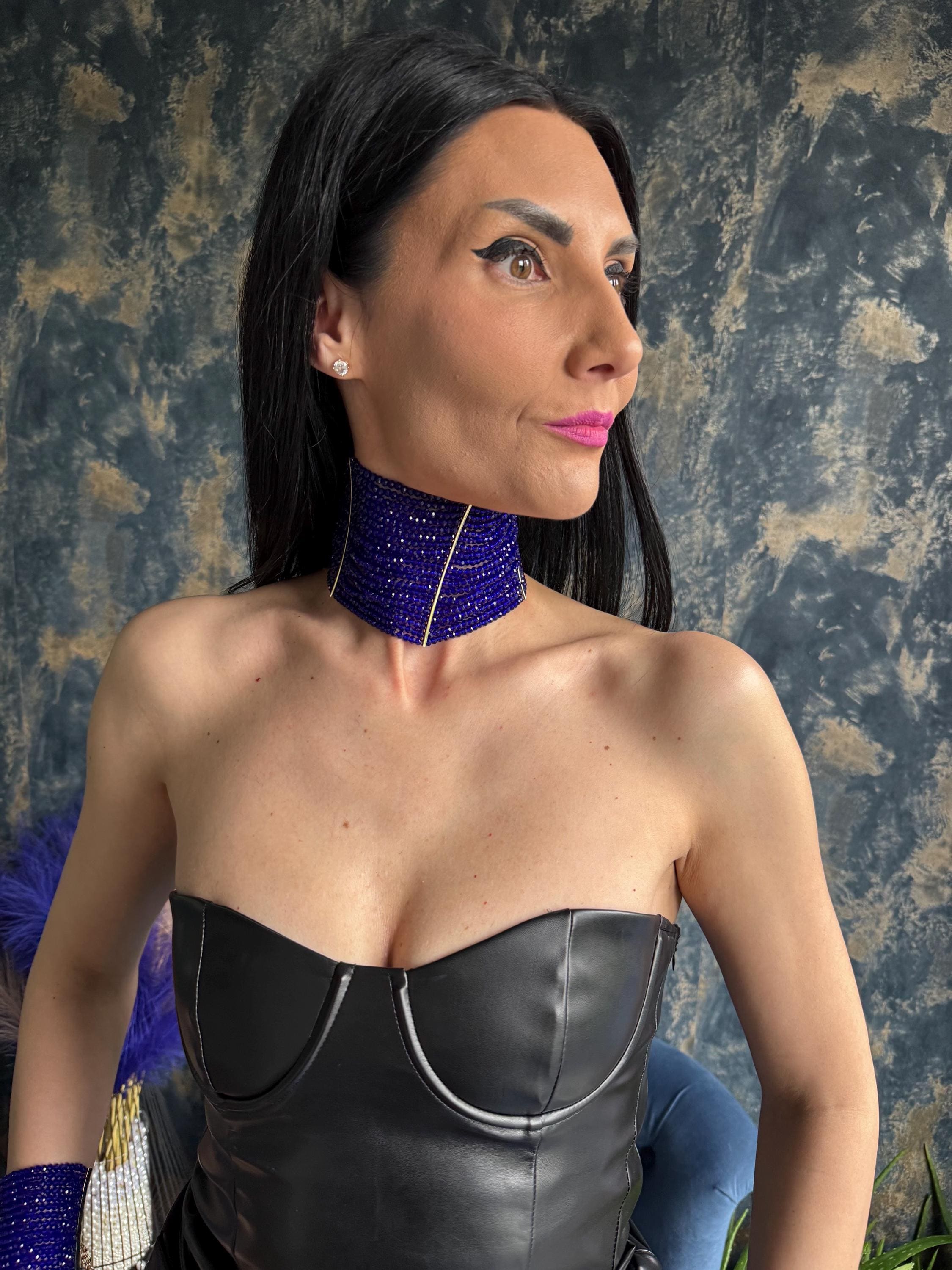 Royal Blue Statement Bold Trendy Choker, Elegant Modern Formal Collar, Eye Catching Multi Strand Wide Necklace, Chunky Tick Shiny Jewelley