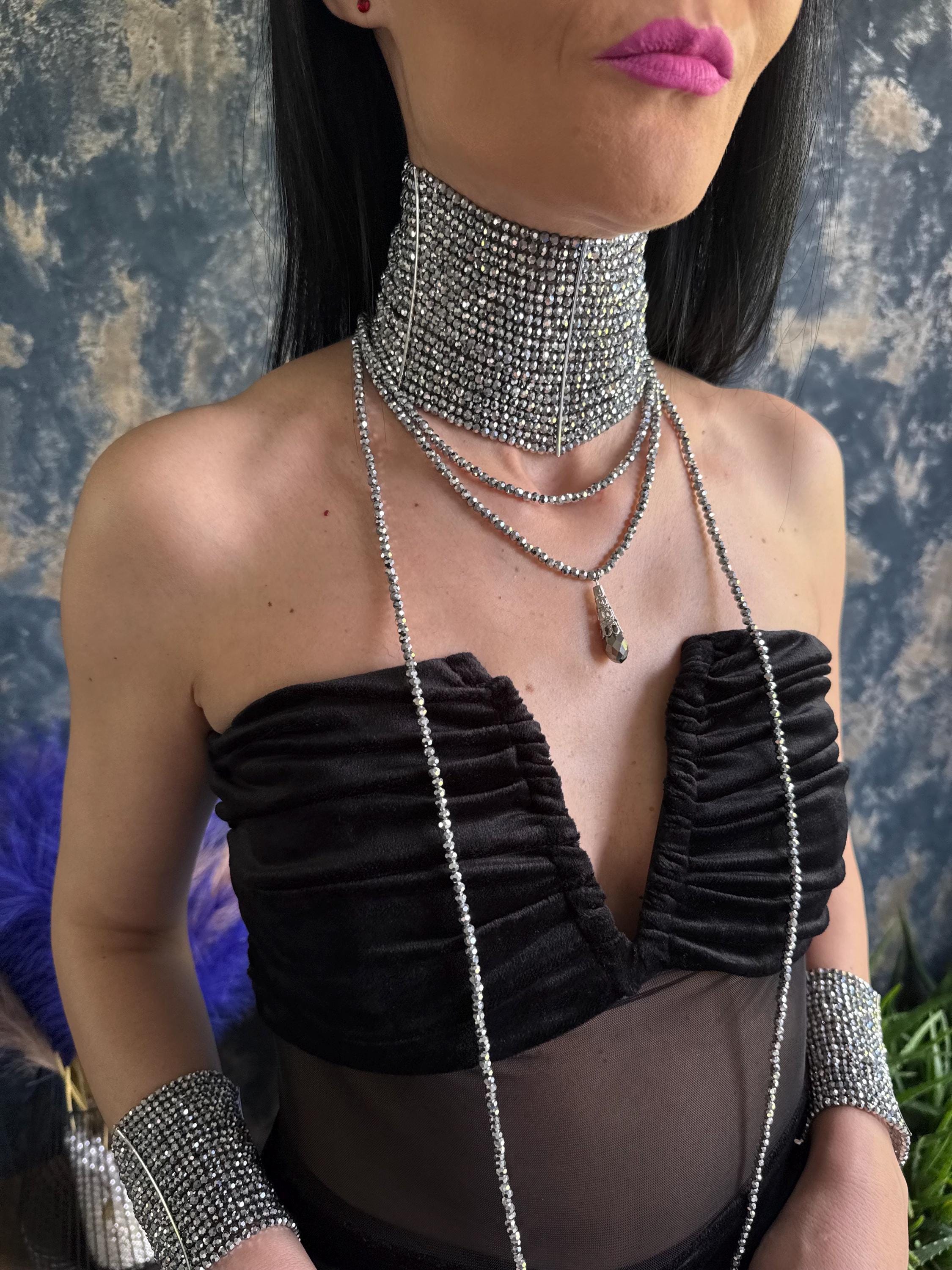 silver statement choker wide silver choker crystal collar necklace silver glam necklace statement collar necklace luxury silver necklace crystal statement necklace beaded silver choker necklace