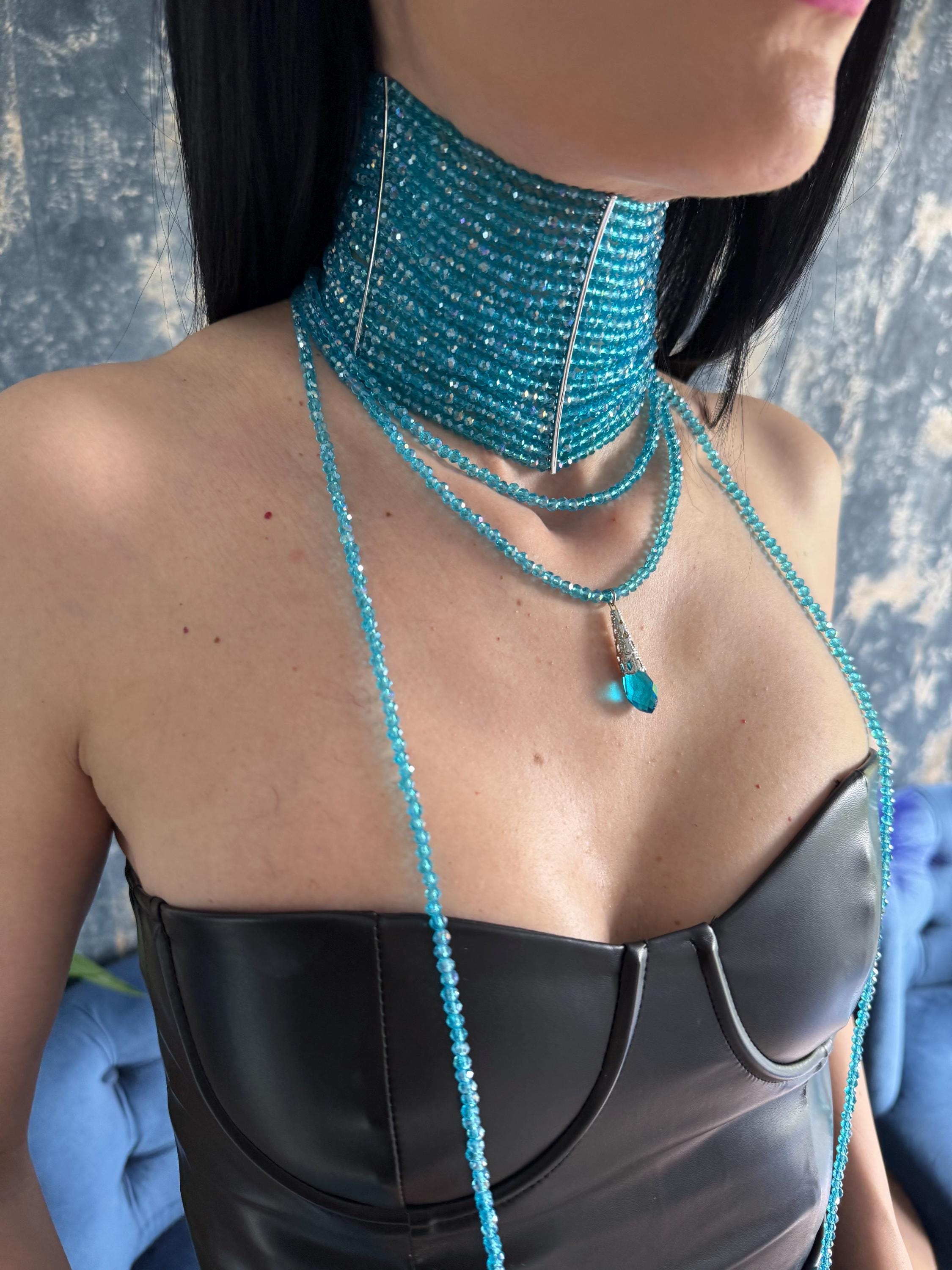 aquamarine choker blue crystal choker faceted bead choker beaded collar necklace statement choker glass bead necklace march birthstone something blue jewelry wide choker necklace handmade beaded jewelry layering necklace gift for her maximalist necklace
