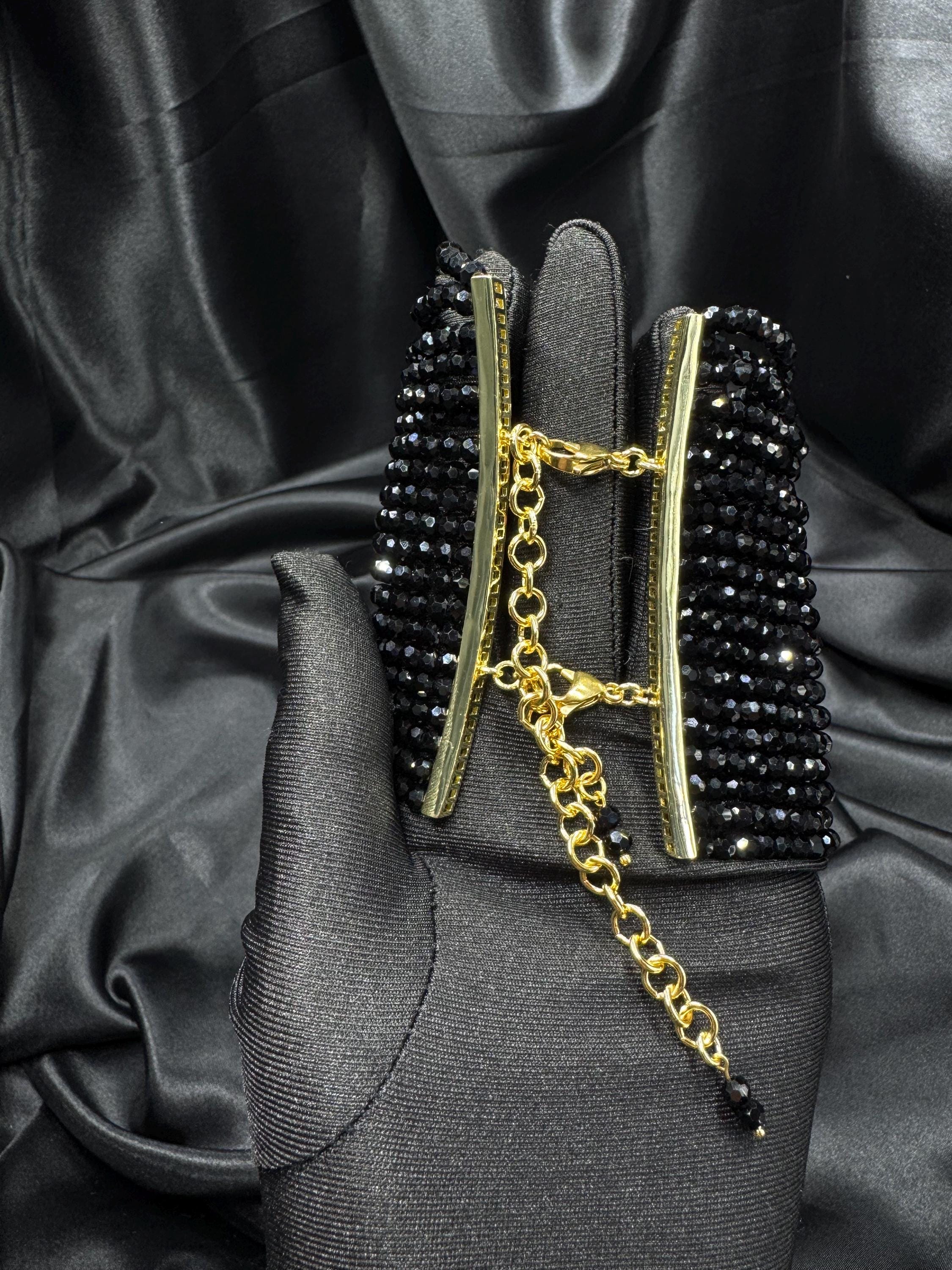 Black Beaded Bracelet Wide Statement Multi Strand Cuff Evening Cocktail Jewelry Formal Event Thick Chunky Bangle Gothic Glam Gift for Women