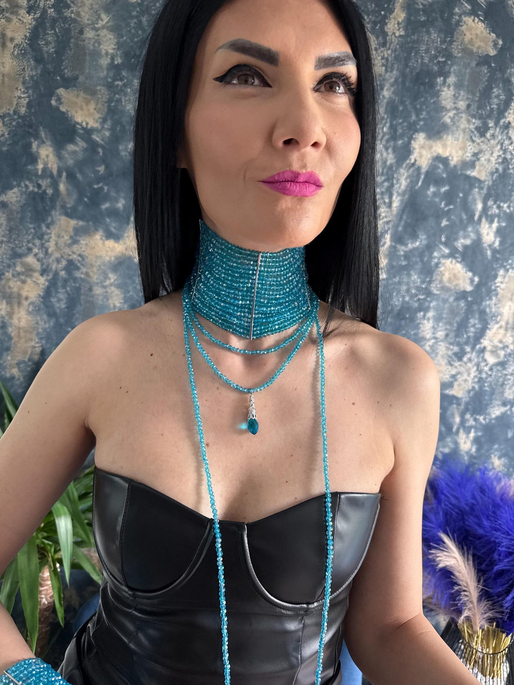 Beaded Choker Necklace – Aquamarine Blue Wide Statement Collar