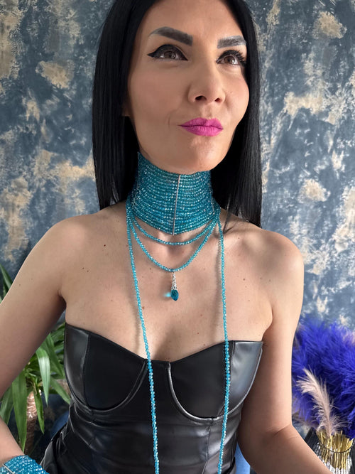 Beaded Choker Necklace – Aquamarine Blue Wide Statement Collar