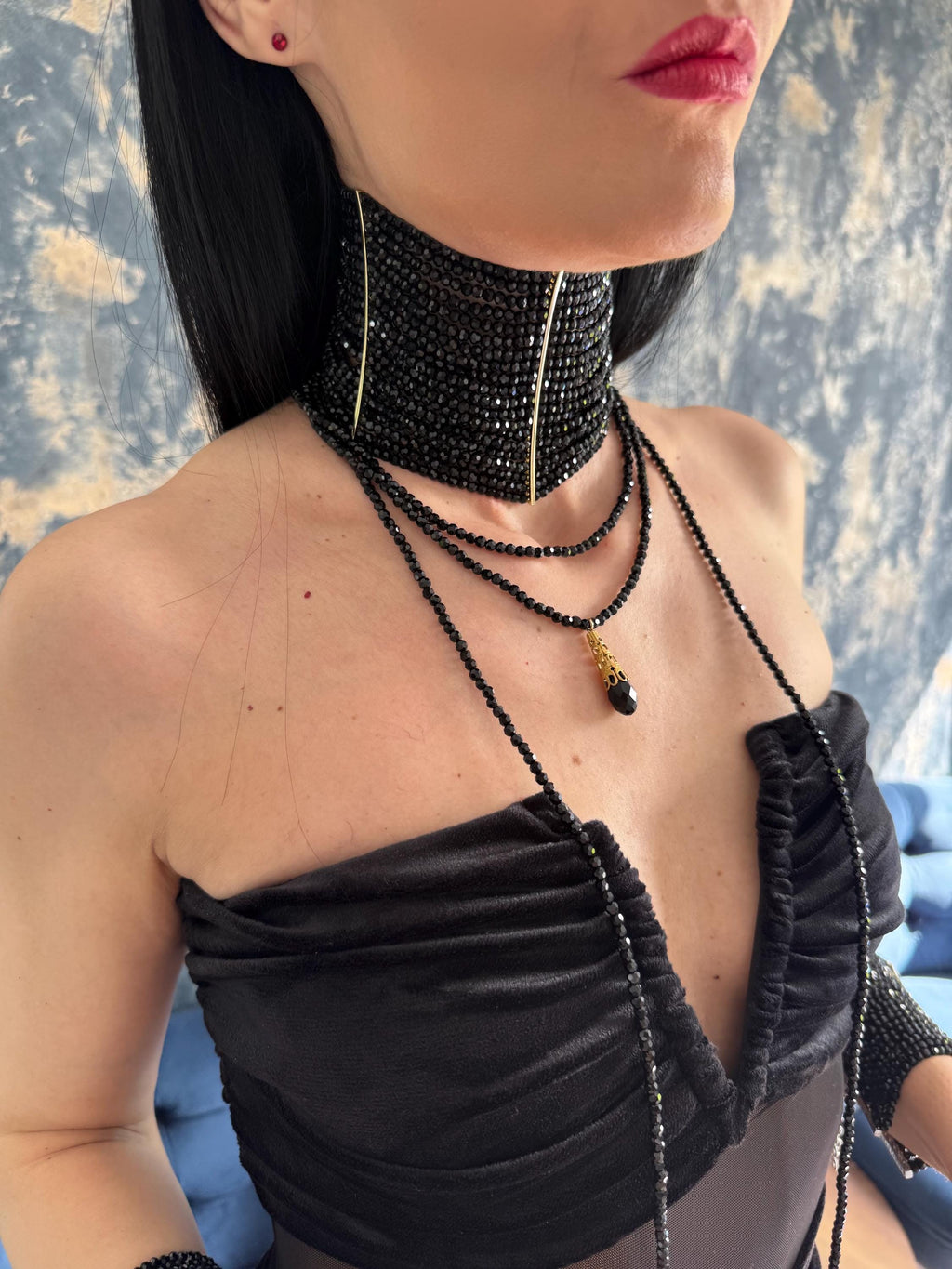 Black Choker Necklace Set Multi Strand Collar Design Faceted Glass Beads Collection Two Piece Jewelry Set Gothic Glam Statement Necklace Handcrafted Evening Wear Accessory Wide Choker Style Wraparound Lariat Design Gold Plated Hardware