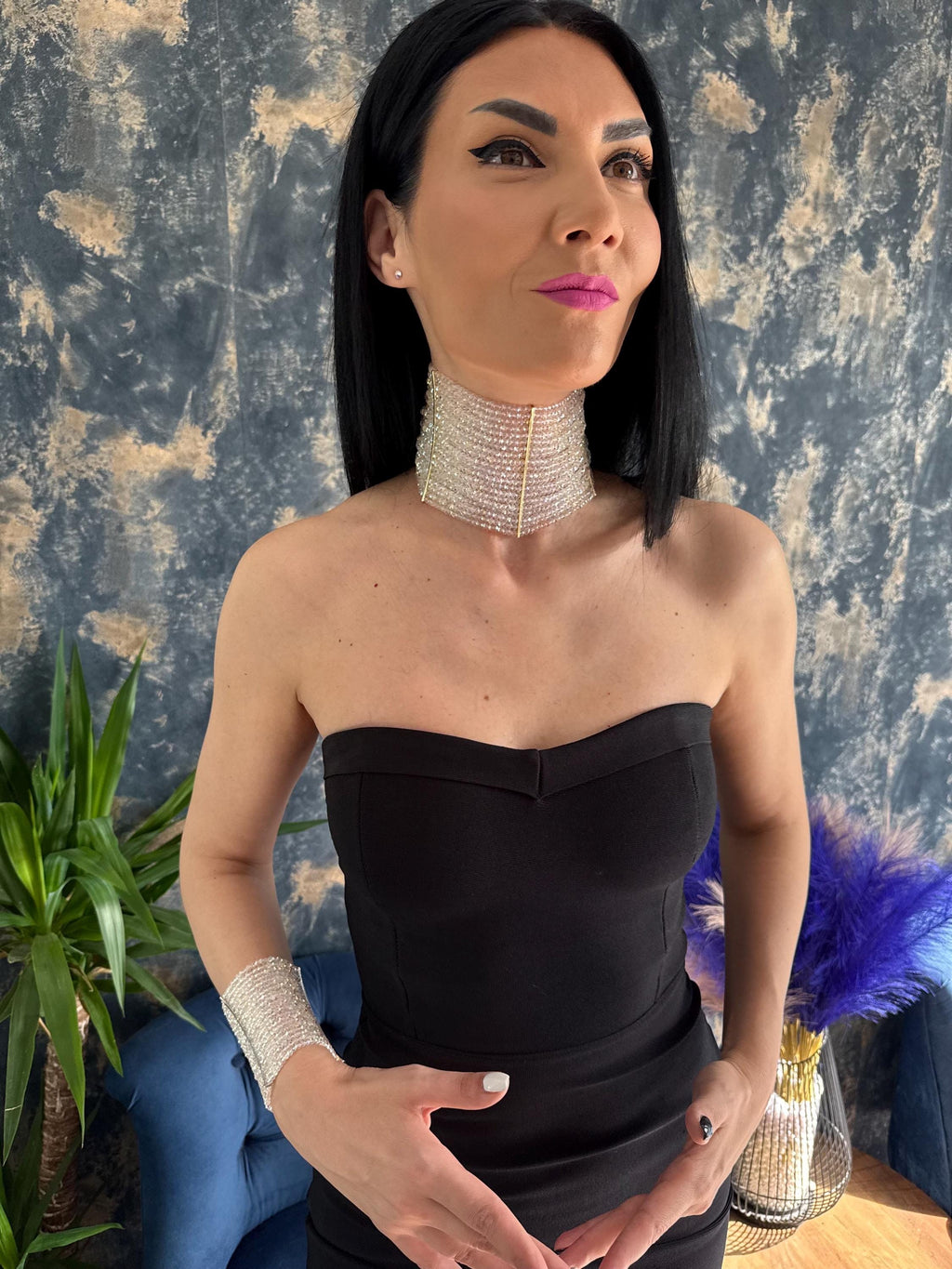 maximalist jewellery, aurora borealis beads, glass bead collar, bold neck accessory, wide beaded neck, evening party wear, bachelorette outfit, prom accessories, wedding guest look, bridal shower gift, cocktail attire, glam occasion wear, handmade uk jewellery
