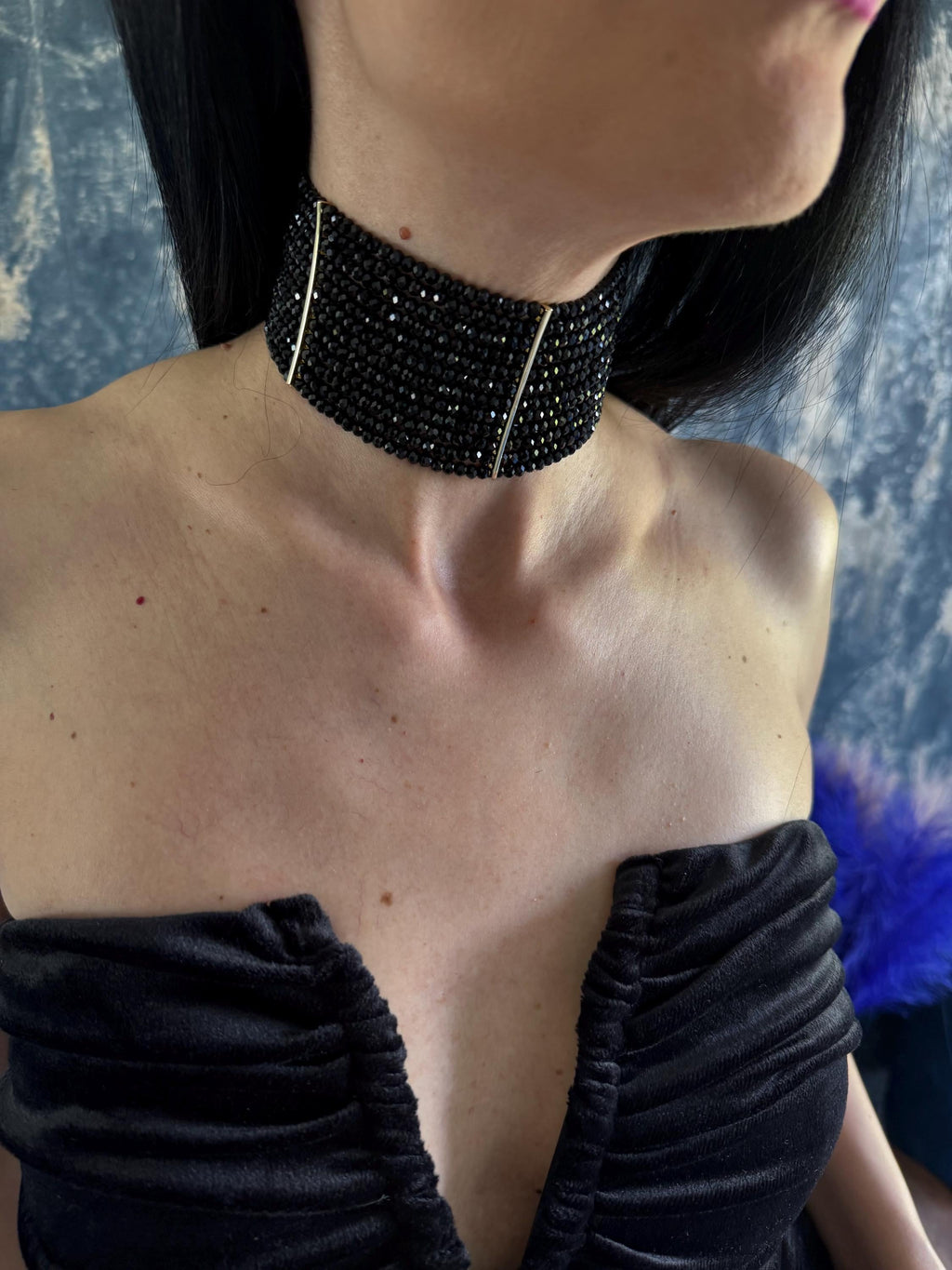 Black Layered Choker Necklace Gothic Statement Jewelry Wide Collar Style Elegant Evening Necklace Dark Multi-strand Piece