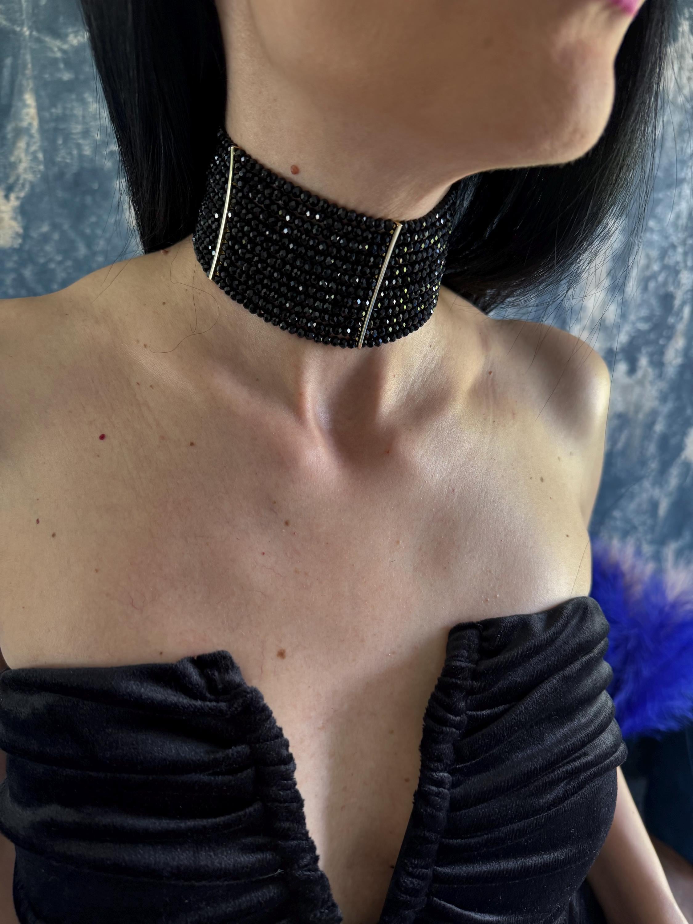 Black Layered Choker Necklace Gothic Statement Jewelry Wide Collar Style Elegant Evening Necklace Dark Multi-strand Piece