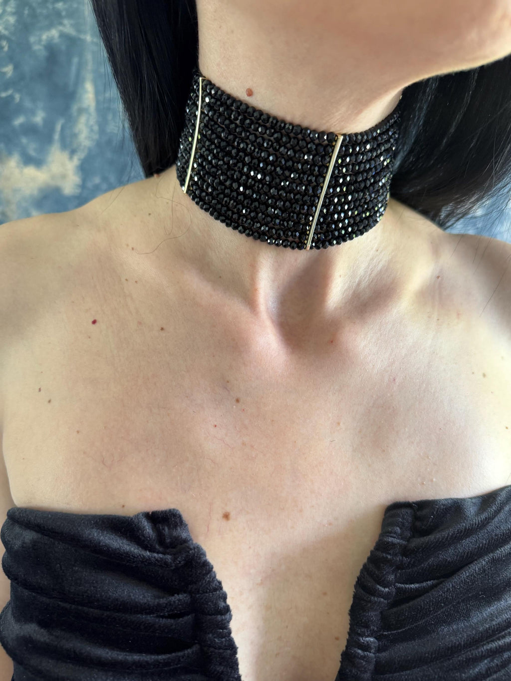 Black Layered Choker Necklace Gothic Statement Jewelry Wide Collar Style Elegant Evening Necklace Dark Multi-strand Piece