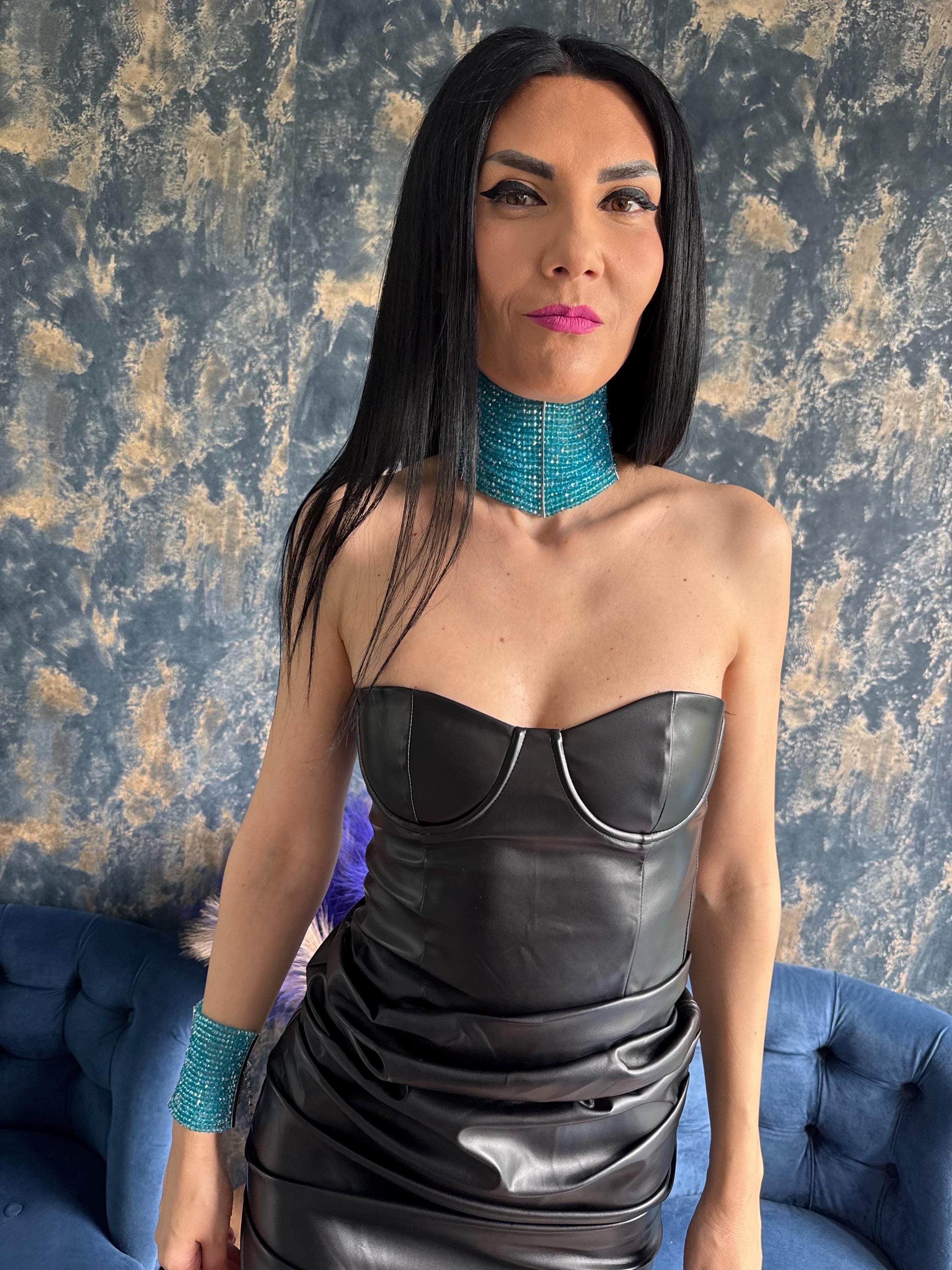 Multi Row Beaded Choker Wide Statement Collar Necklace Teal Aqua Blue Design Handcrafted Festival Jewelry Dramatic High Neck Accessory Faceted Bead Construction Bold Boho Necklace Layered Collar Design Turquoise Statement Piece Concert