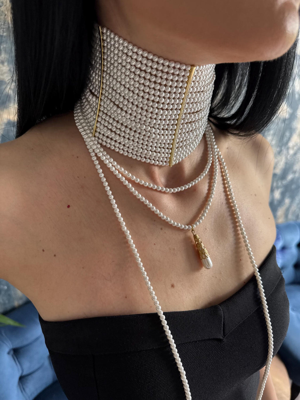 Wide Pearl Choker Necklace Multi Strand Statement Collar Bridal Wedding Jewelry Elegant Luxury Accessory Gold Party Wear Gift for Her