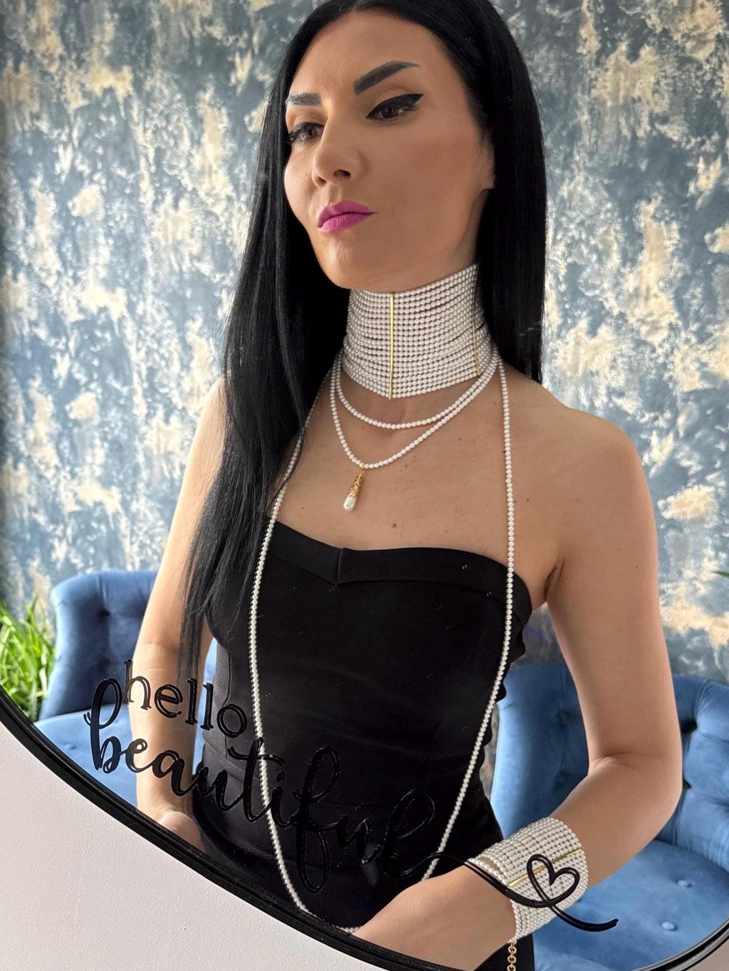 Wide Pearl Choker Necklace Multi Strand Statement Collar Bridal Wedding Jewelry Elegant Luxury Accessory Gold Party Wear Gift for Her