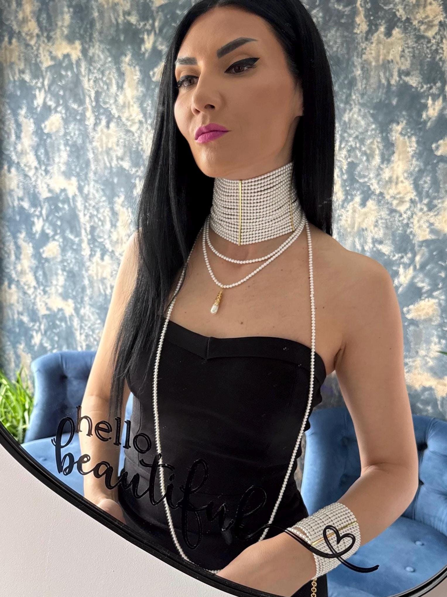Wide Pearl Choker Necklace Multi Strand Statement Collar Bridal Wedding Jewelry Elegant Luxury Accessory Gold Party Wear Gift for Her
