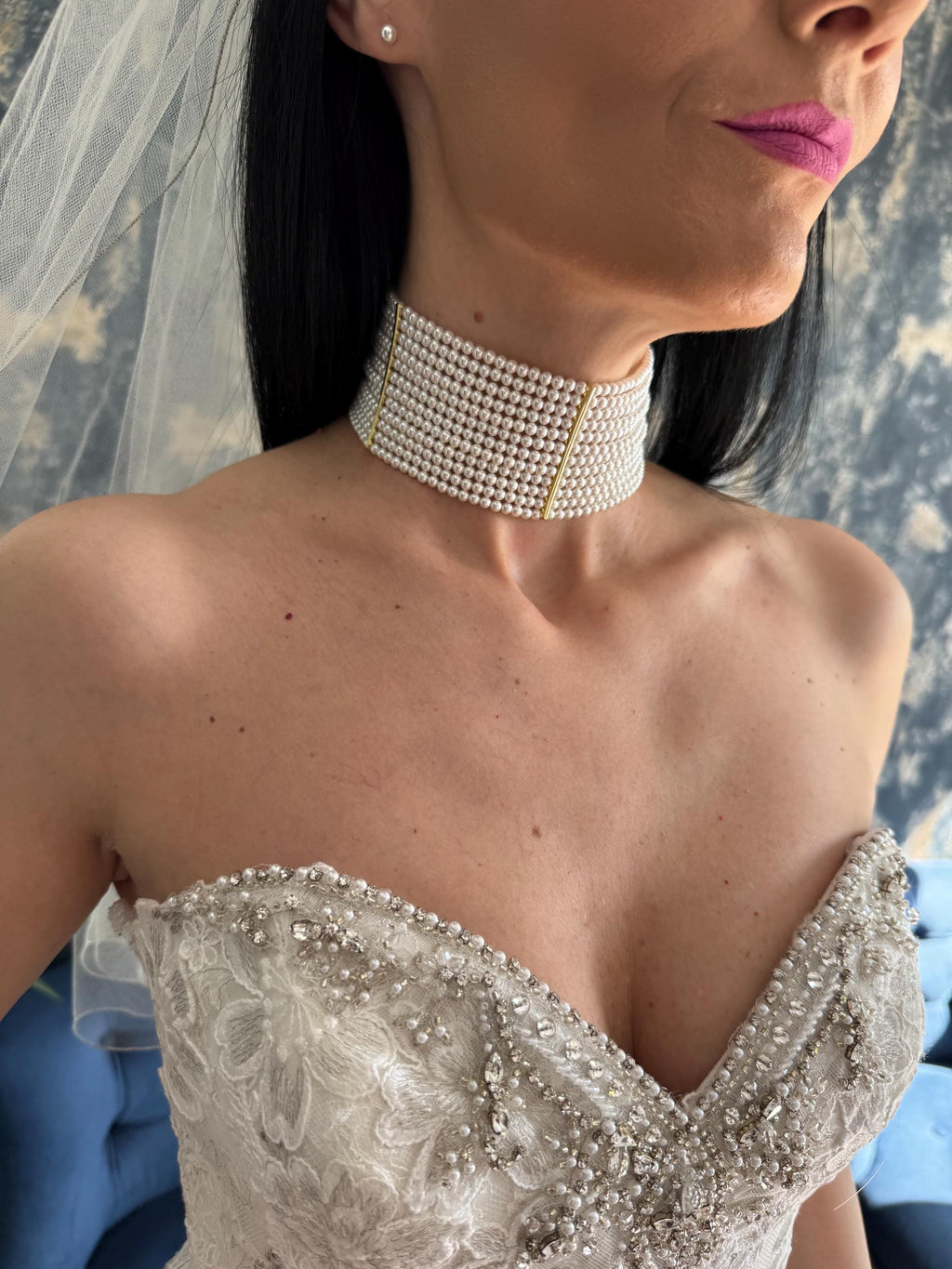 Elegant Pearl Collar Statement Piece Formal Wear Wedding Accessory Neck Detail Gold Finish Custom Length Choker Style Grid Pattern Bridal