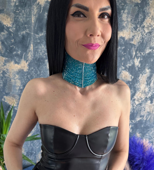 Teal Beaded Choker Necklace Multi Row Statement Collar Wide Festival Jewelry Handcrafted Aqua Blue Design Faceted Bead Construction Dramatic High Neck Accessory Boho Fashion Statement Bold Layered Necklace Concert Wear Jewelry Turquoise