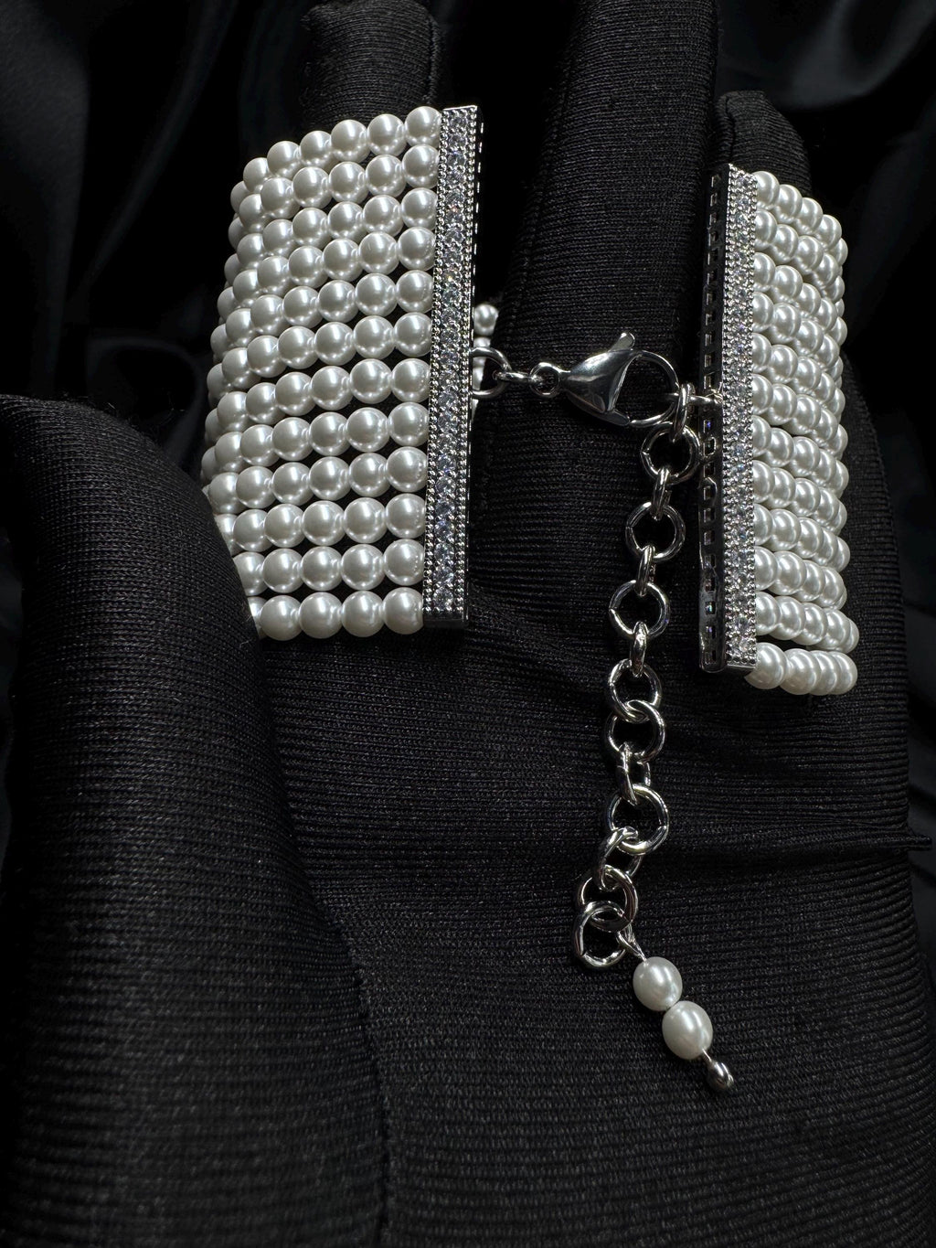 Elegant Pearl Collar Statement Piece Formal Wear Wedding Accessory Neck Detail Gold Finish Custom Length Choker Style Grid Pattern Bridal