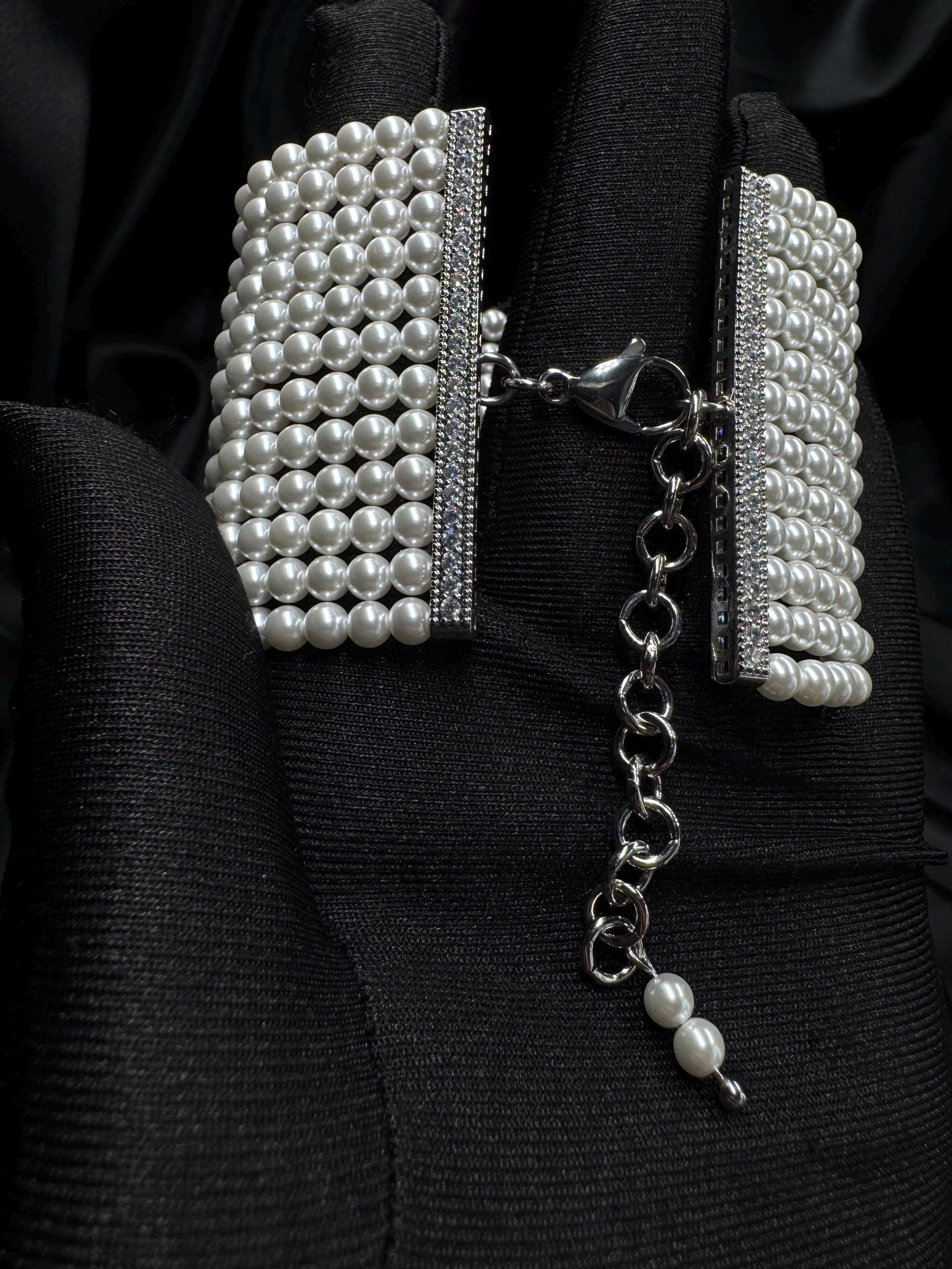 Elegant Pearl Collar Statement Piece Formal Wear Wedding Accessory Neck Detail Gold Finish Custom Length Choker Style Grid Pattern Bridal