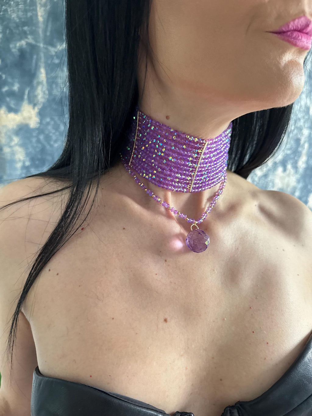 Lavender Purple Beaded Choker Necklace Convertible 3 in 1 Wide Statement Choker with Removable Drape & Teardrop Pendant Gold or Silver
Purple Crystal Choker Necklace Wide Multi Row Statement Choker Convertible Necklace with Removable Drape Pendant Prom Wedding Jewelry