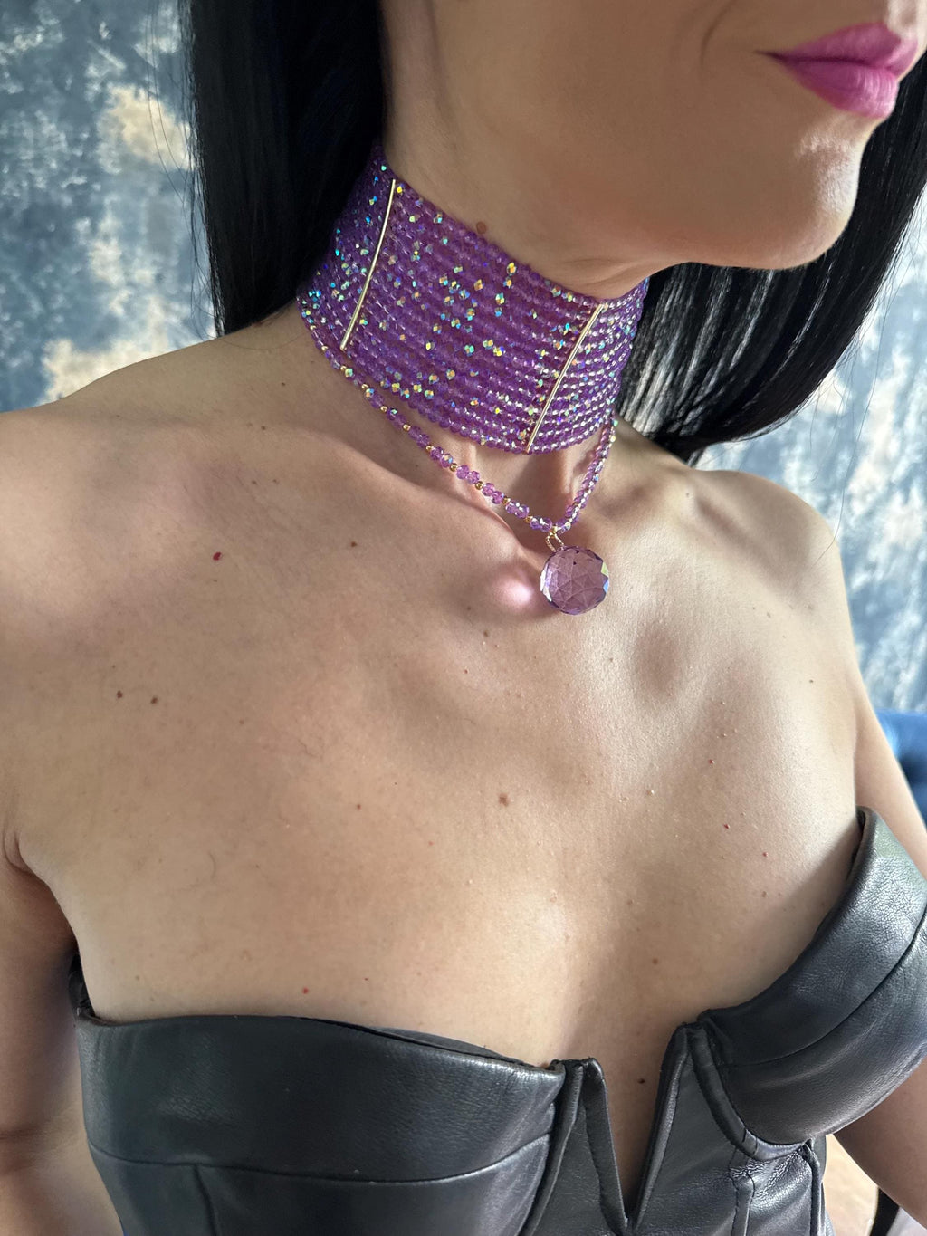 Lavender Purple Beaded Choker Necklace Convertible 3 in 1 Wide Purple Crystal Choker Necklace Wide Multi Row Statement Choker Convertible Necklace with Removable Drape Pendant Prom Wedding Jewelry
