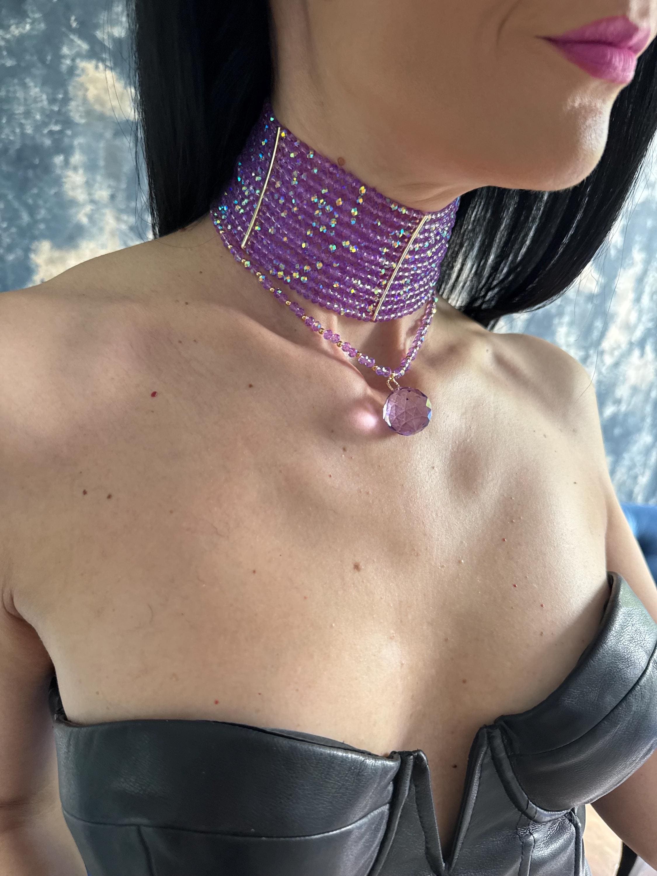 Lavender Purple Beaded Choker Necklace Convertible 3 in 1 Wide Purple Crystal Choker Necklace Wide Multi Row Statement Choker Convertible Necklace with Removable Drape Pendant Prom Wedding Jewelry