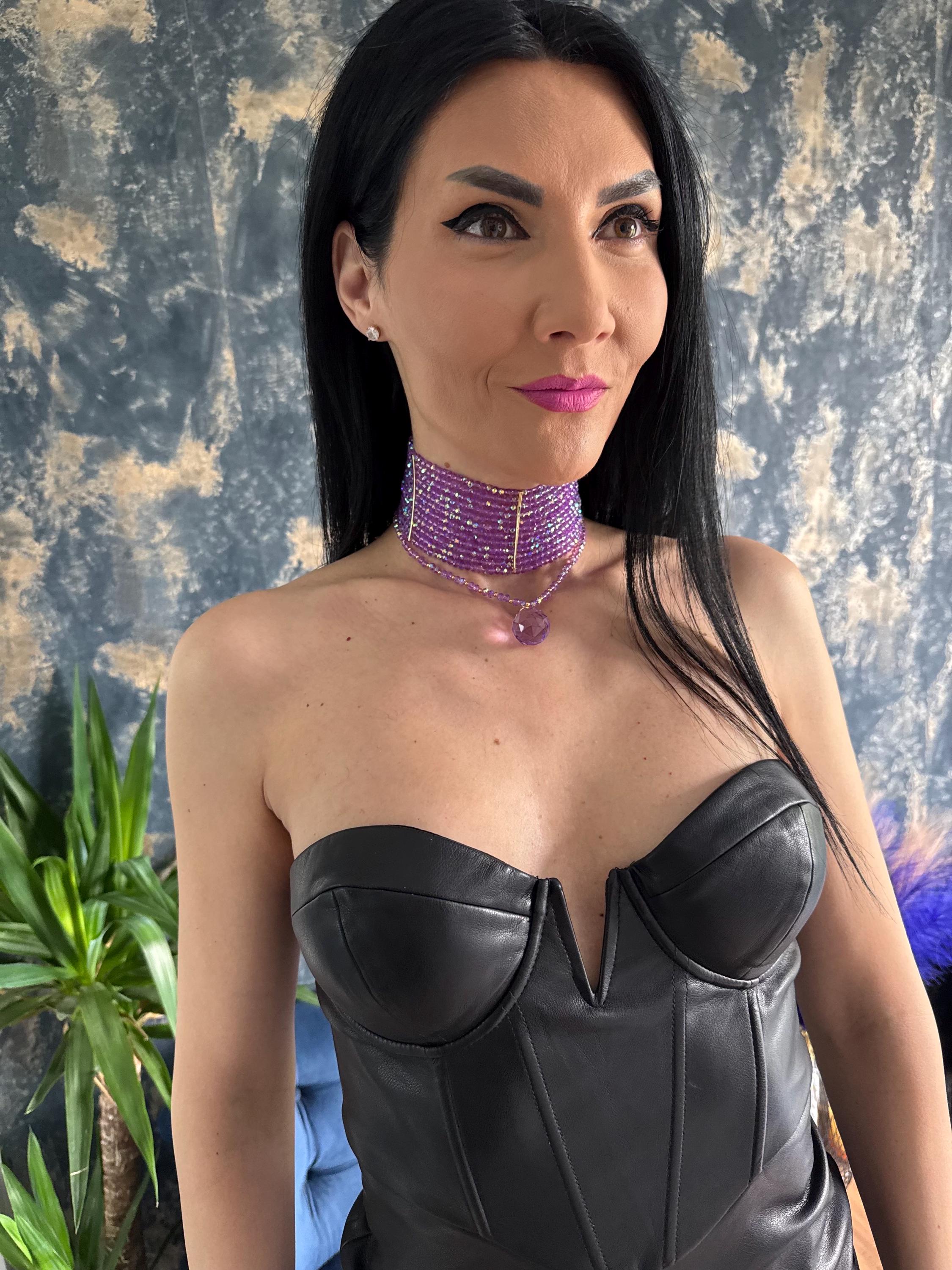 Lavender Purple Beaded Choker Necklace Convertible 3 in 1 Wide Statement Choker with Removable Drape & Teardrop Pendant Gold or Silver
Purple Crystal Choker Necklace Wide Multi Row Statement Choker Convertible Necklace