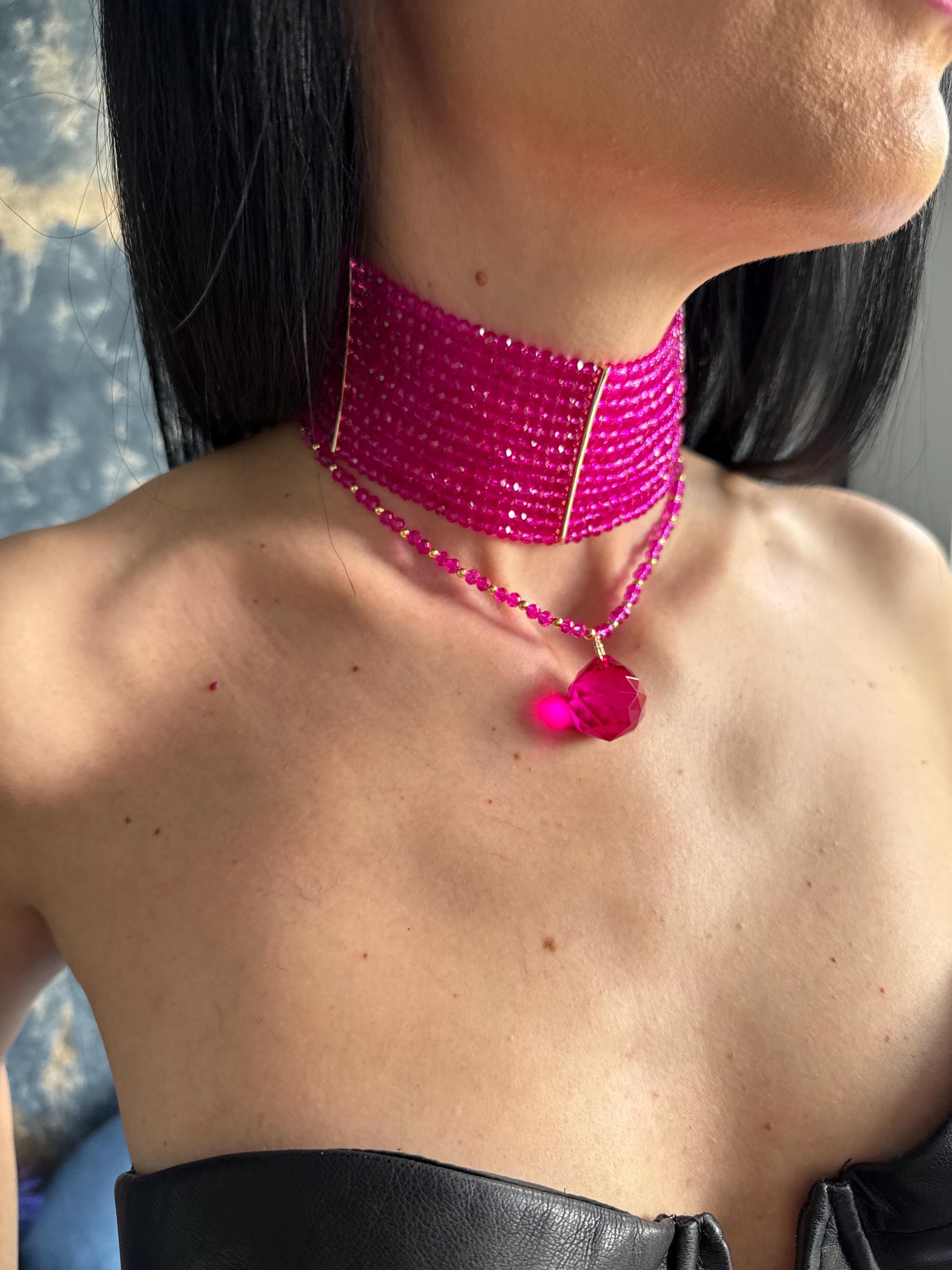 choker Pink statement necklace Hot pink necklace Festival necklace Summer statement jewelry Layered choker Bold necklace Cocktail necklace Going out jewelry Barbiecore accessories Y2K necklace Pink party jewelry Chunky choker Fashion necklace Convertible necklace Removable pendant necklace Wide collar necklace Holiday jewelry Birthday gift for her Festival fashion accessories