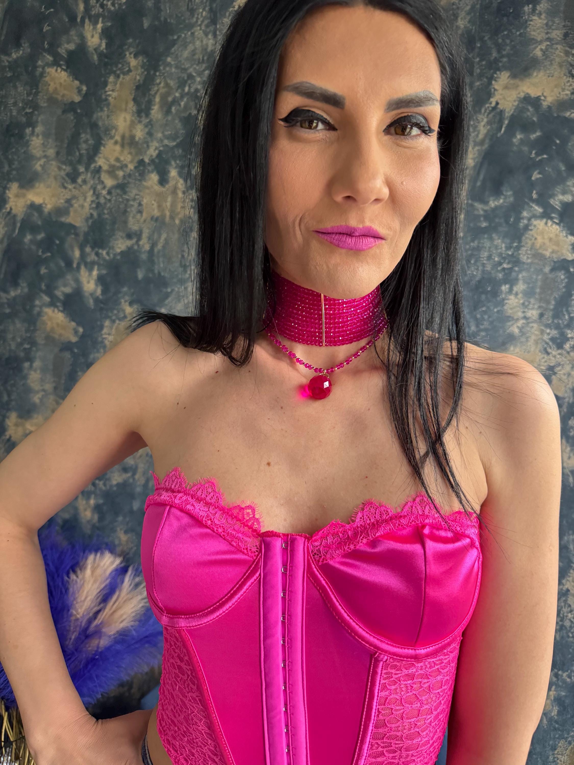 Pink statement necklace Hot pink necklace Festival necklace Summer statement jewelry Layered choker Bold necklace Cocktail necklace Going out jewelry Barbiecore accessories Y2K necklace Pink party jewelry Chunky choker Fashion necklace Convertible necklace Removable pendant necklace Wide collar necklace Holiday jewelry Birthday gift for her Festival fashion accessories