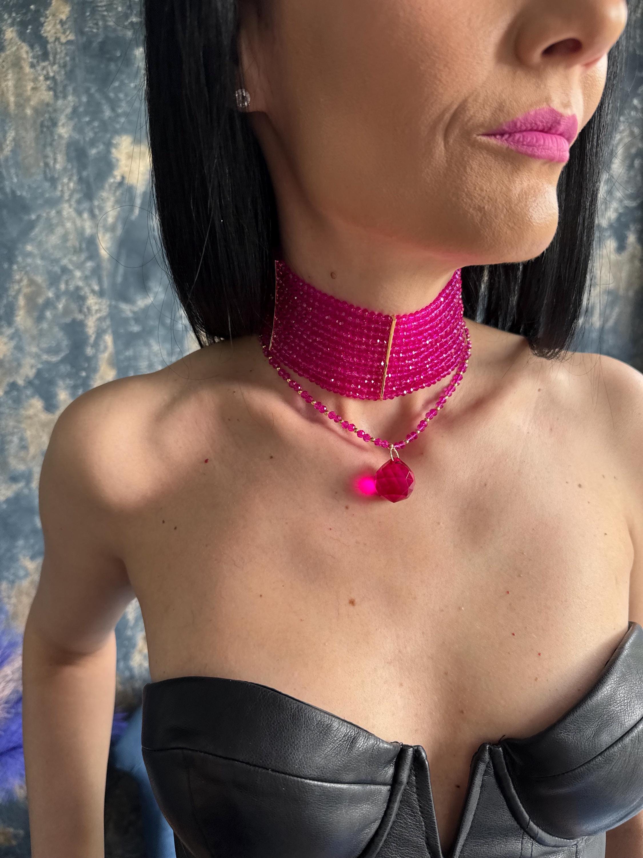 Detachable Pendant, Convertible Jewellery, Festival Necklace, Gift for Her Hot Pink Choker Necklace | Chunky Beaded Statement Collar, 3-in-1 Convertible Pendant Necklace, Bachelorette Jewelry, Gift for Women Wide Beaded Choker Necklace Hot Pink | Bold Multi Row Statement Collar, Convertible Pendant Jewellery, Party Necklace, Gift for Her