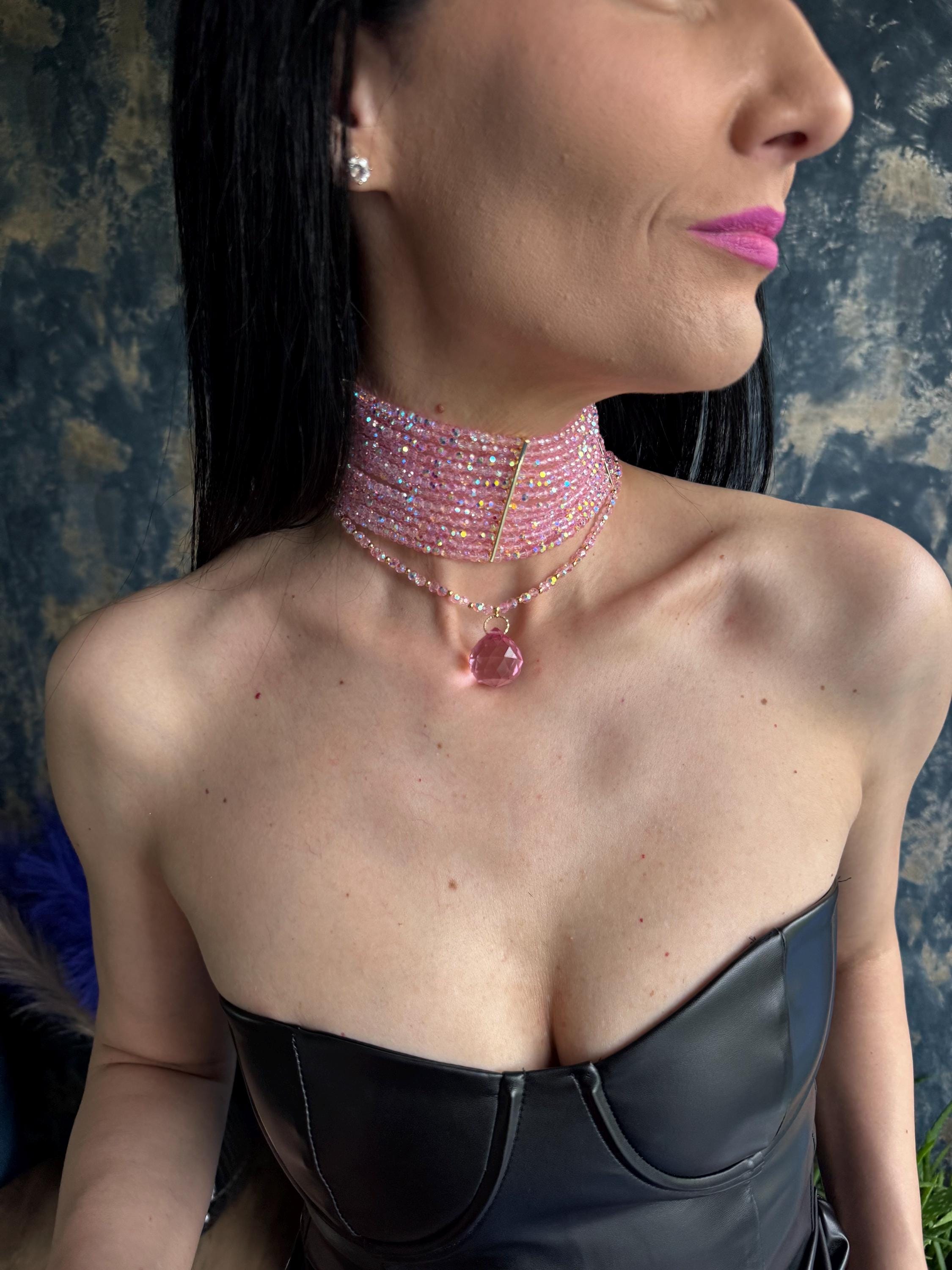 pink sparkly choker wide crystal choker pink statement necklace coquette necklace convertible necklace pink necklace gift for her layered choker with pendant pink crystal bead necklace wide bead choker necklace teardrop pendant choker statement choker necklace pink jewellery gift women
