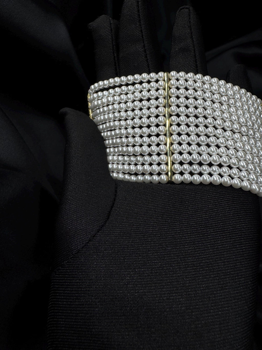 Elegant Pearl Collar Statement Piece Formal Wear Wedding Accessory Neck Detail Gold Finish Custom Length Choker Style Grid Pattern Bridal