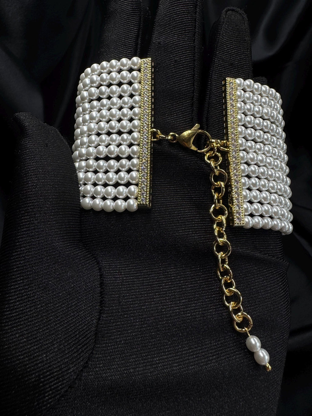 Elegant Pearl Collar Statement Piece Formal Wear Wedding Accessory Neck Detail Gold Finish Custom Length Choker Style Grid Pattern Bridal