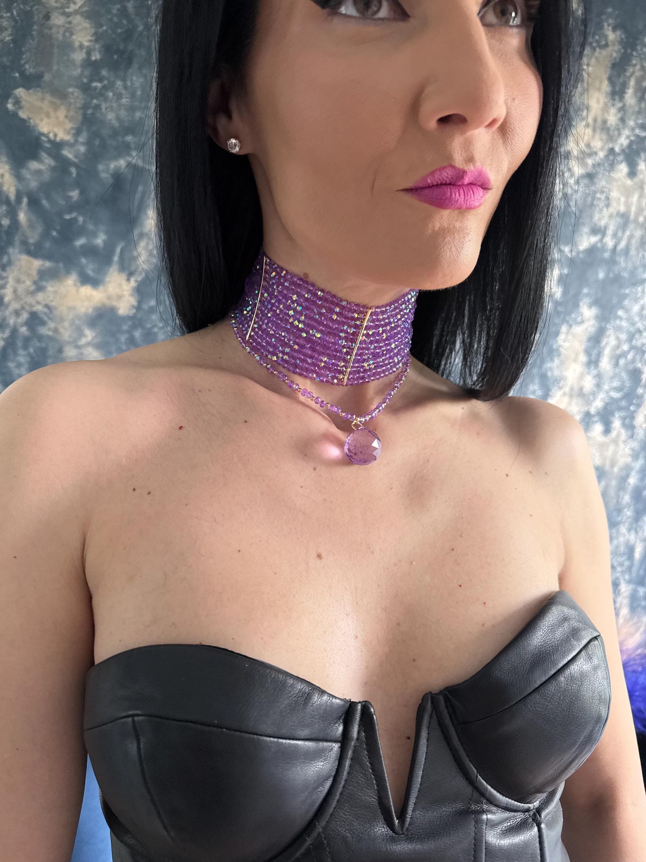 Lavender Purple Beaded Choker Necklace Convertible 3 in 1 Wide Statement Choker with Removable Drape & Teardrop Pendant Gold or Silver
Purple Crystal Choker Necklace Wide Multi Row Statement Choker Convertible Necklace with Removable Drape Pendant Prom Wedding Jewelry