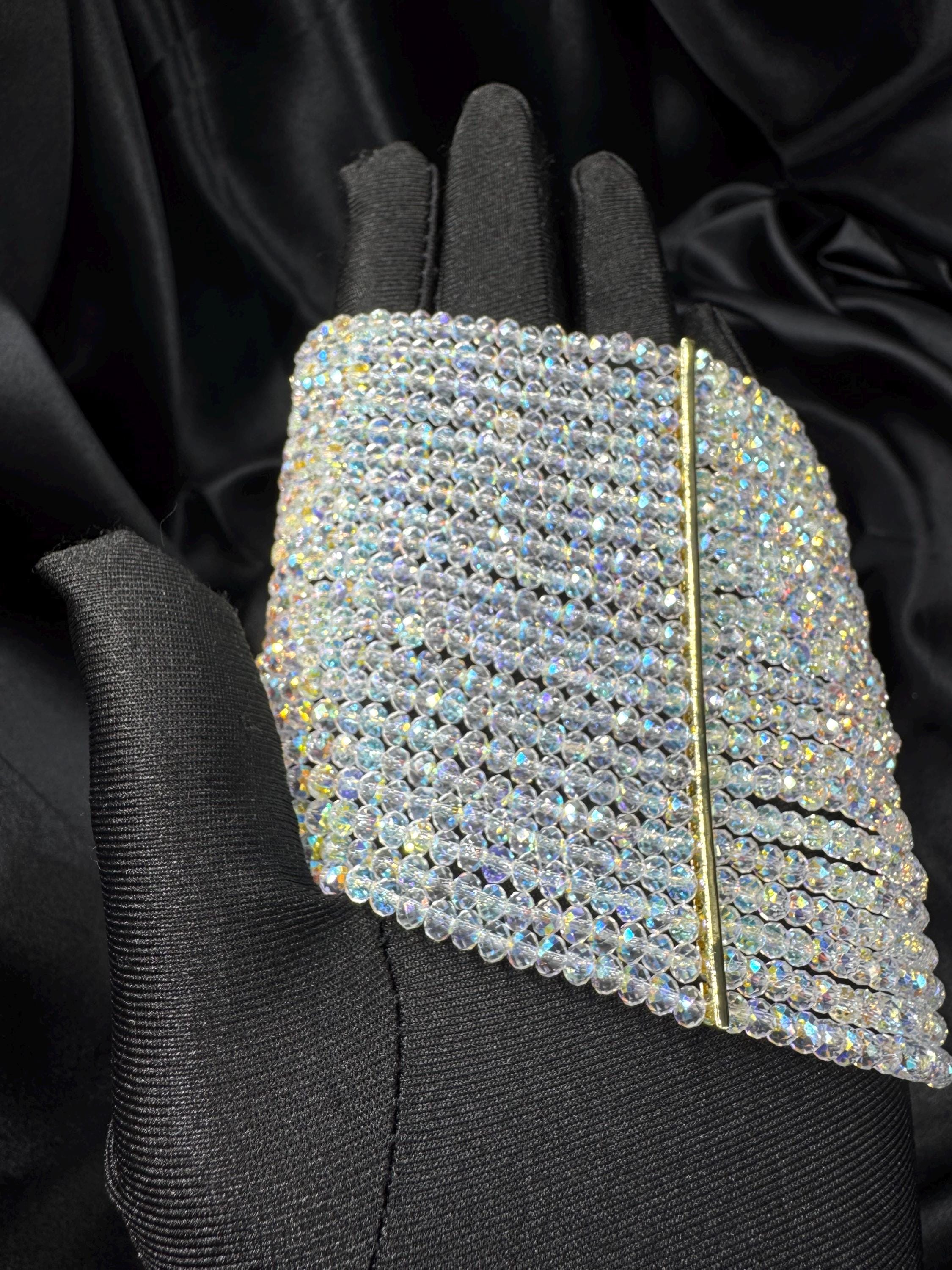 Wide AB Crystal Choker Necklace Iridescent Beaded Collar Sparkly Multi-Row Statement Necklace Festival Look Rhinestone Jewelry Gift for Her